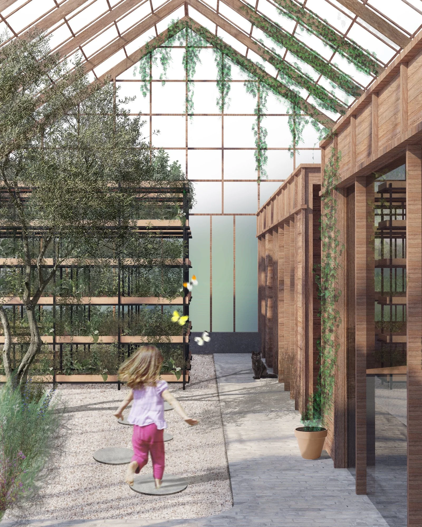 A girl running through a botanical garden with wooden and glass structures, greenery, and a cat sitting near the doorway.