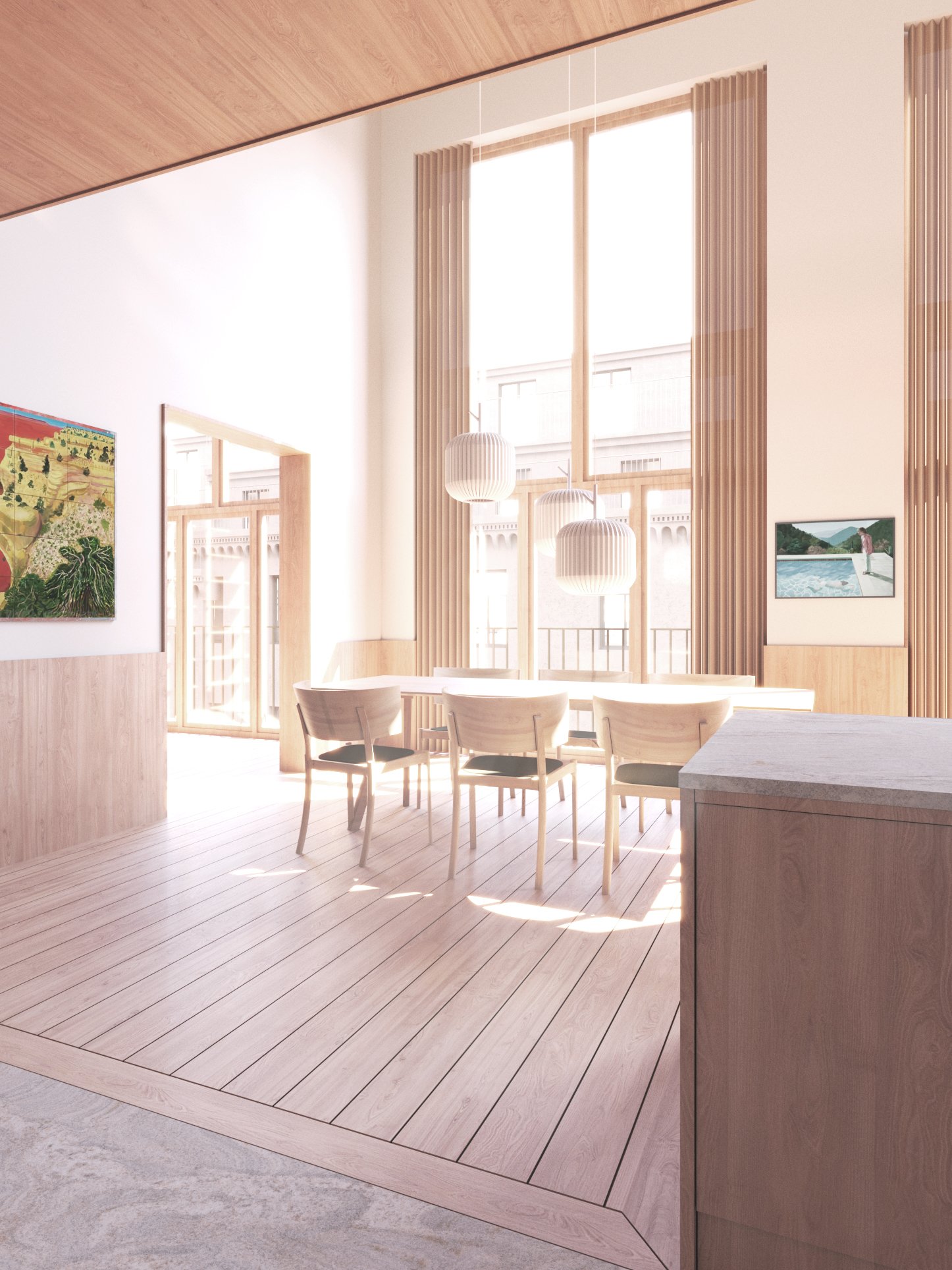 Sunlit dining area with wooden table, chairs, and hanging pendant lights, featuring large windows with vertical blinds and framed artwork on the walls.