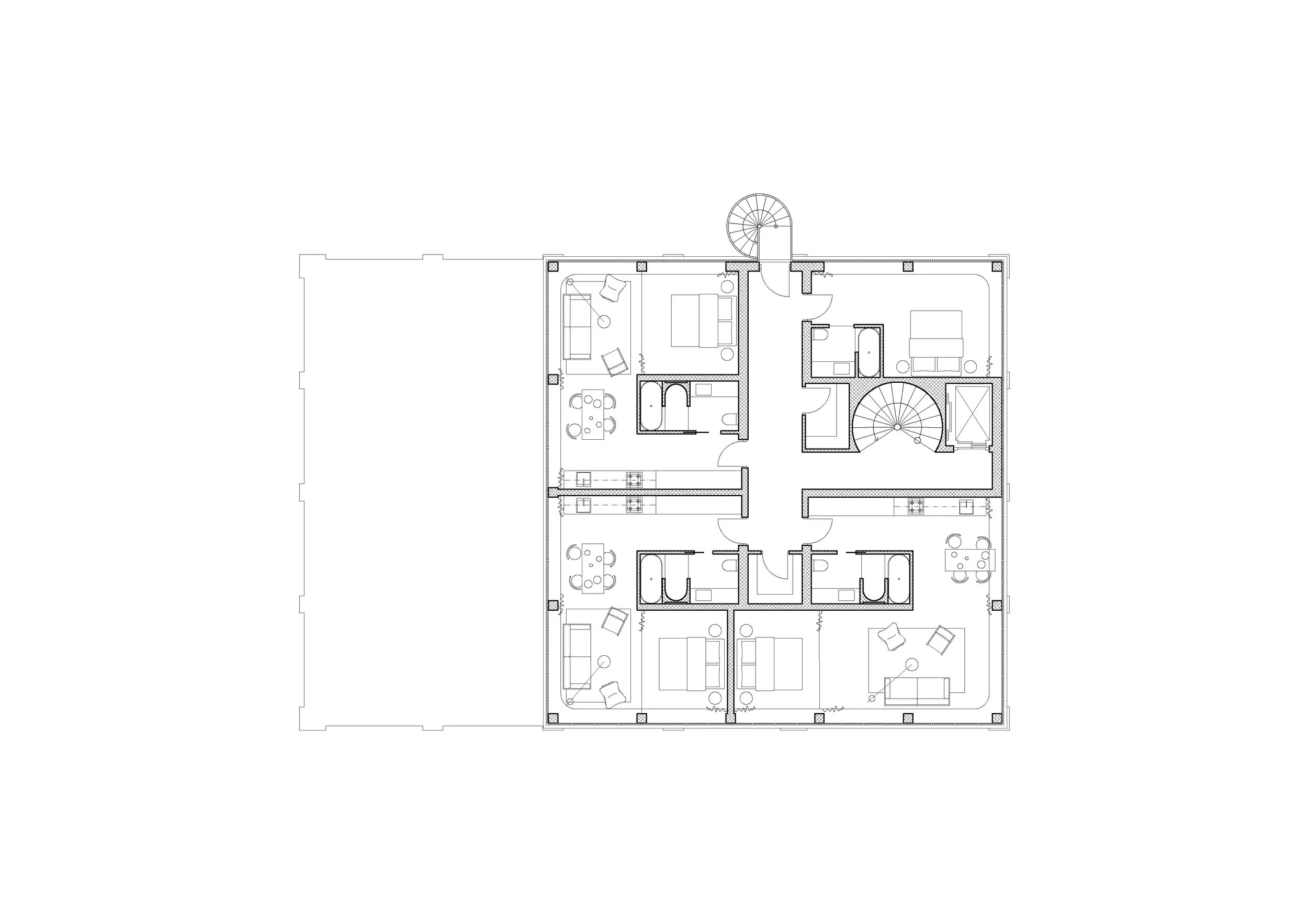 Floor plan of a residential apartment with multiple rooms, including bedrooms, bathrooms, living areas, and a kitchen, along with furniture placement.