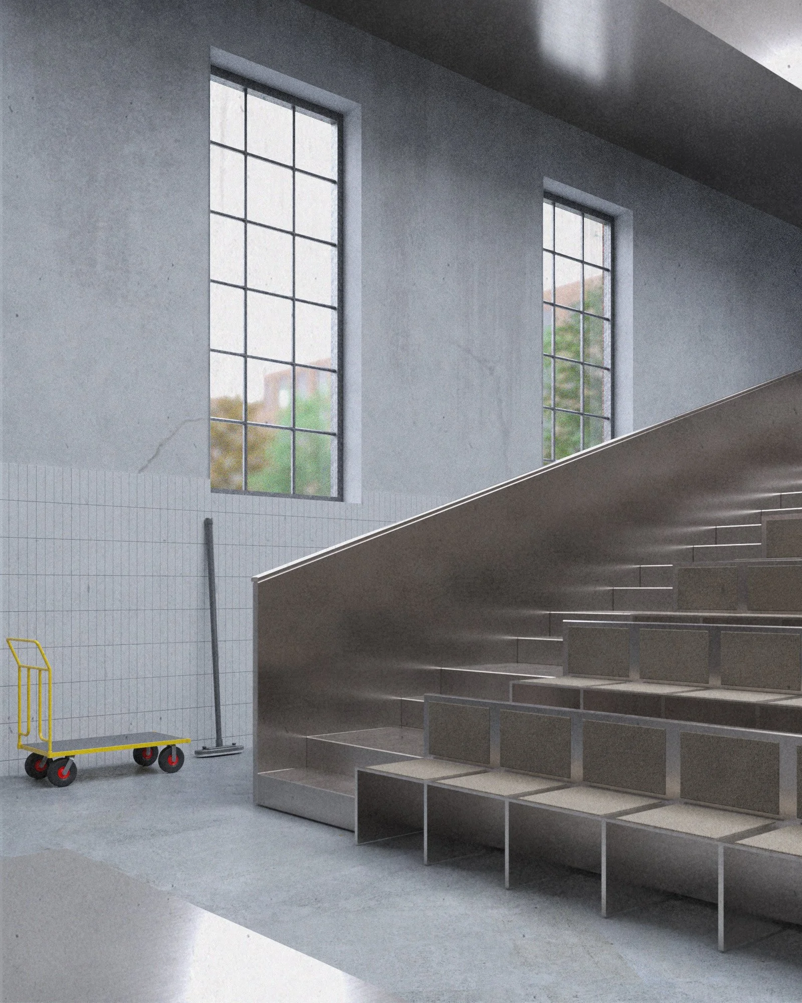 An empty modern interior space with large windows, a curved staircase with open risers, a cleaning cart, and a white tiled wall.