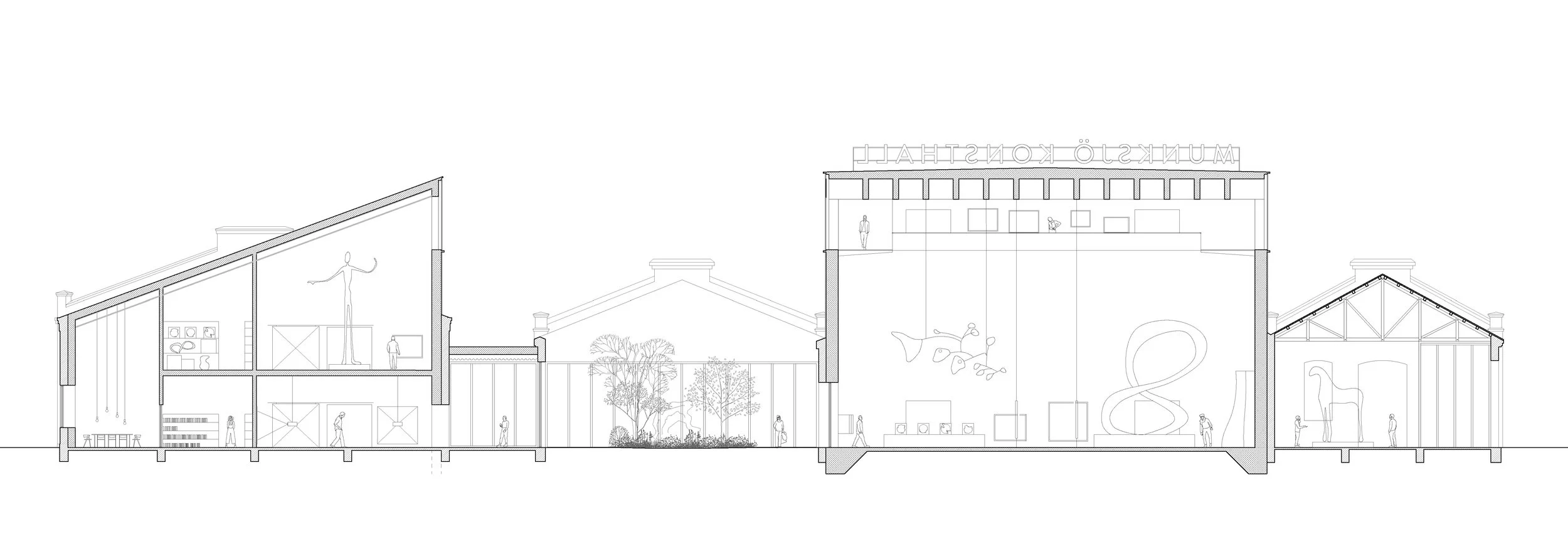 Architectural section drawing of a building with multiple floors, open spaces, trees, and human figures, including a slide and sculptures.