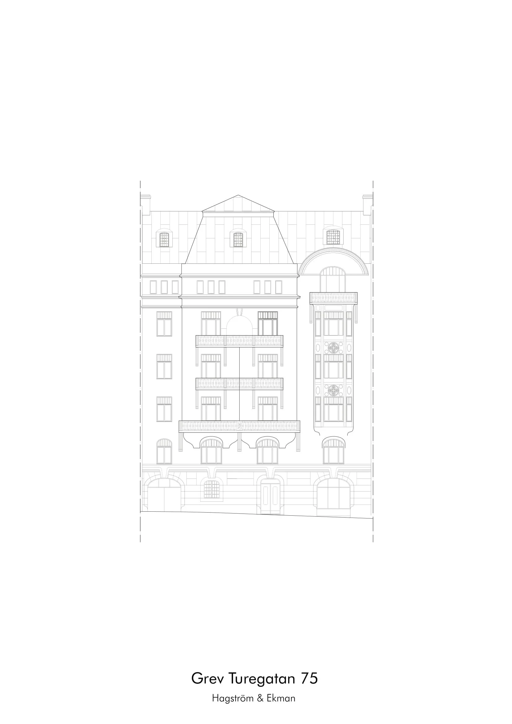 Architectural drawing of a multi-story building with detailed façade, balconies, arched windows, decorative elements, and a pitched roof.