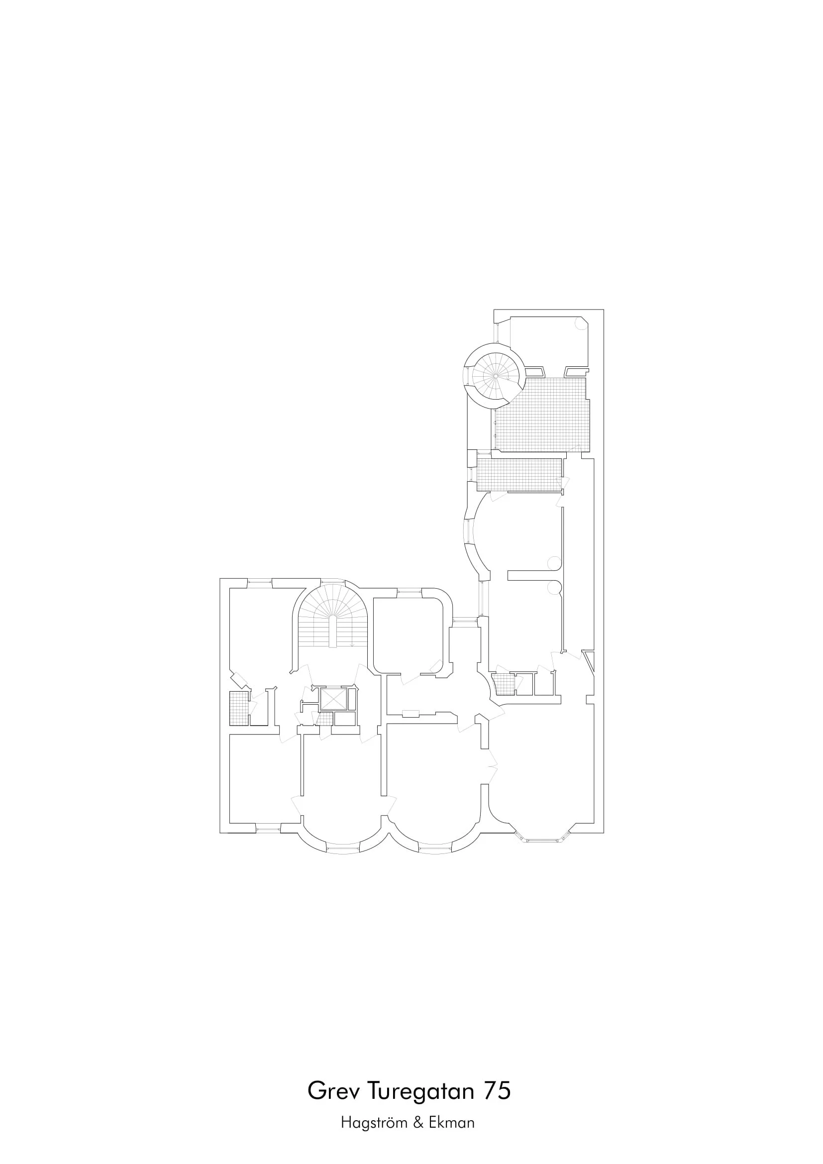 Architectural floor plan of a building, showing various rooms and hallways, with a notable spiral staircase near the center. The plan is labeled 'Grev Turegatan 75' with the architects' names 'Hagström & Ekman' at the bottom.