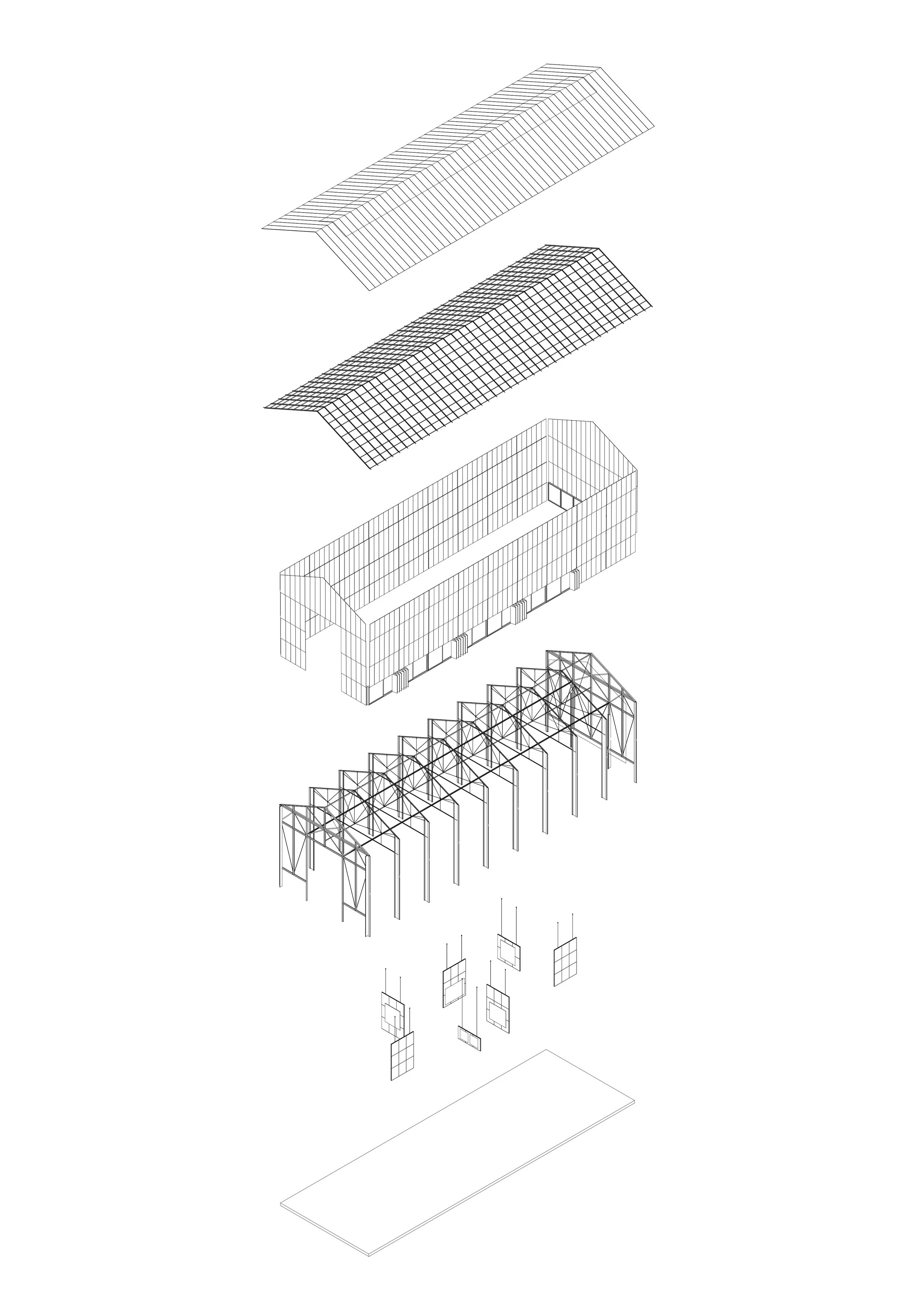 Detailed architectural blueprint of a building with multiple sections including roofing structures, walls, and framing details.