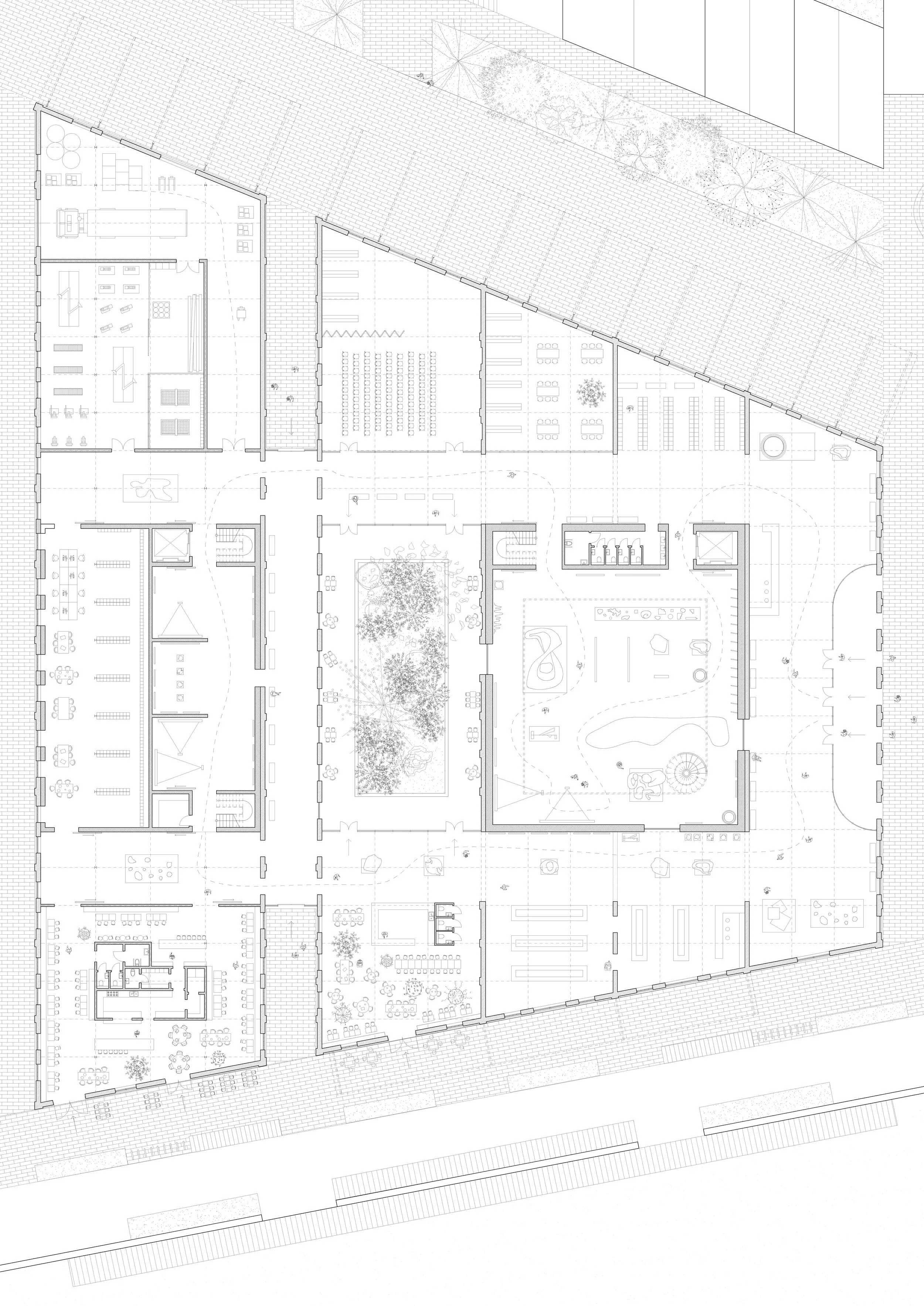 Architectural blueprint of a large building floor plan with various rooms, corridors, interior designs, and tree planting outside.