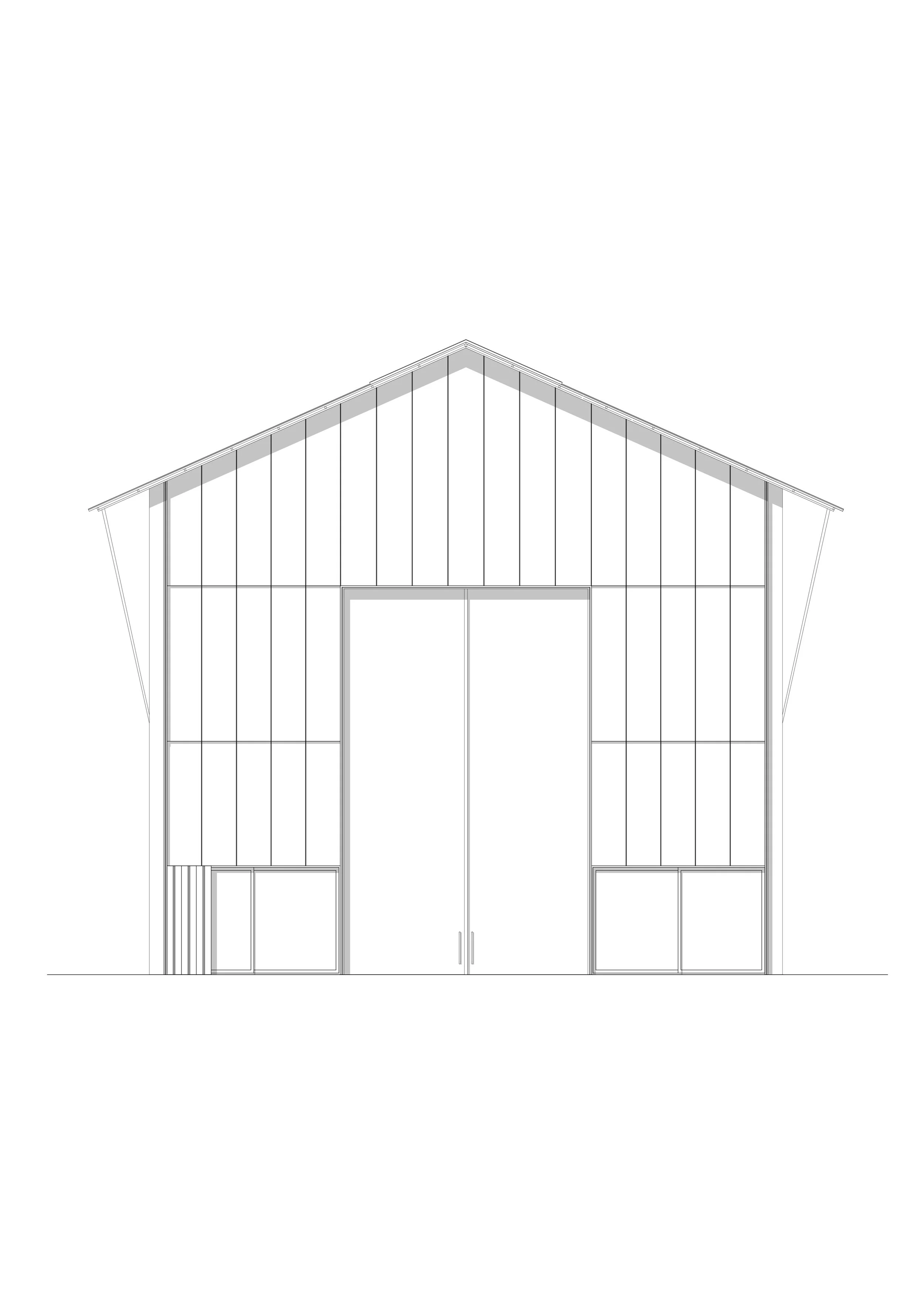 Architectural blueprint of a building front elevation showing large windows and doorways.