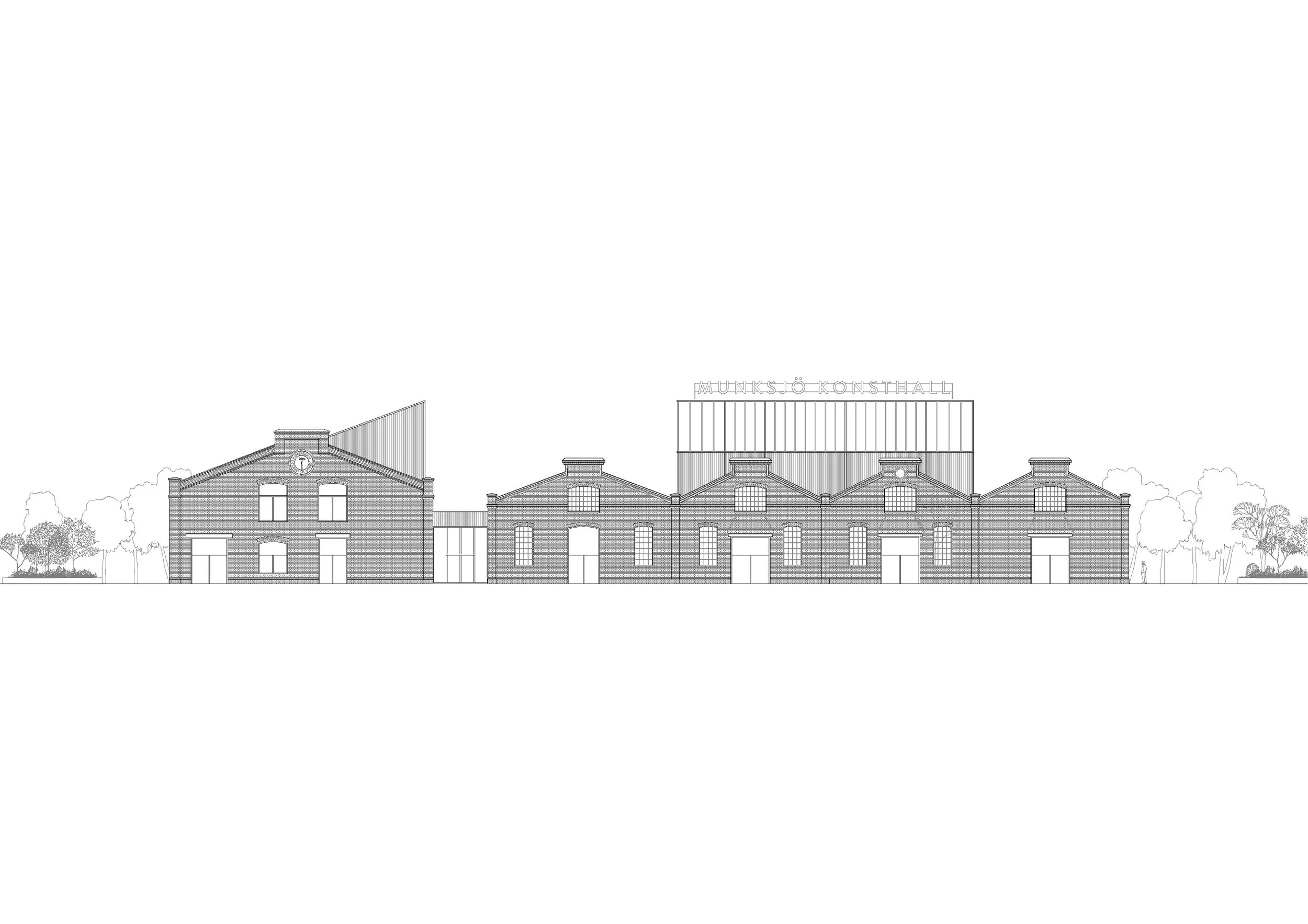 Line drawing of an industrial building with large windows and a sign that reads 'Munksjö Konsthall' on the roof, surrounded by trees.