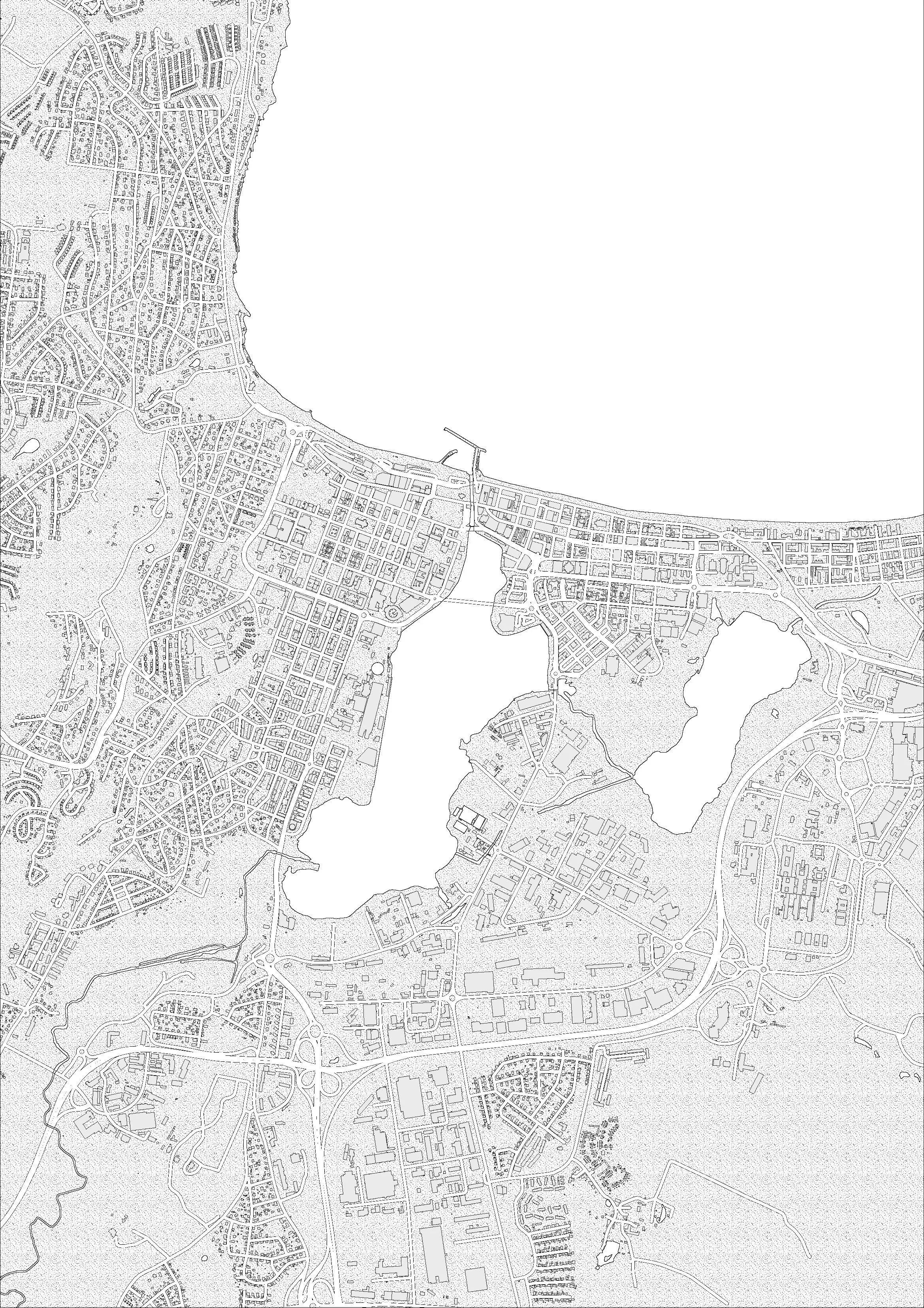 A detailed map of a coastal city with roads, buildings, and water bodies visible.