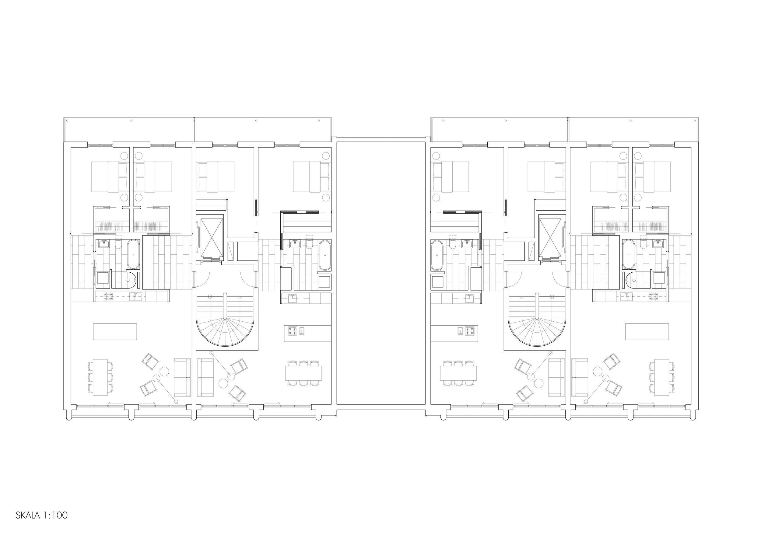 Floor plan of a multi-unit residential building with separate apartments, including living rooms, kitchens, bathrooms, and staircases, labeled at a scale of 1:100.