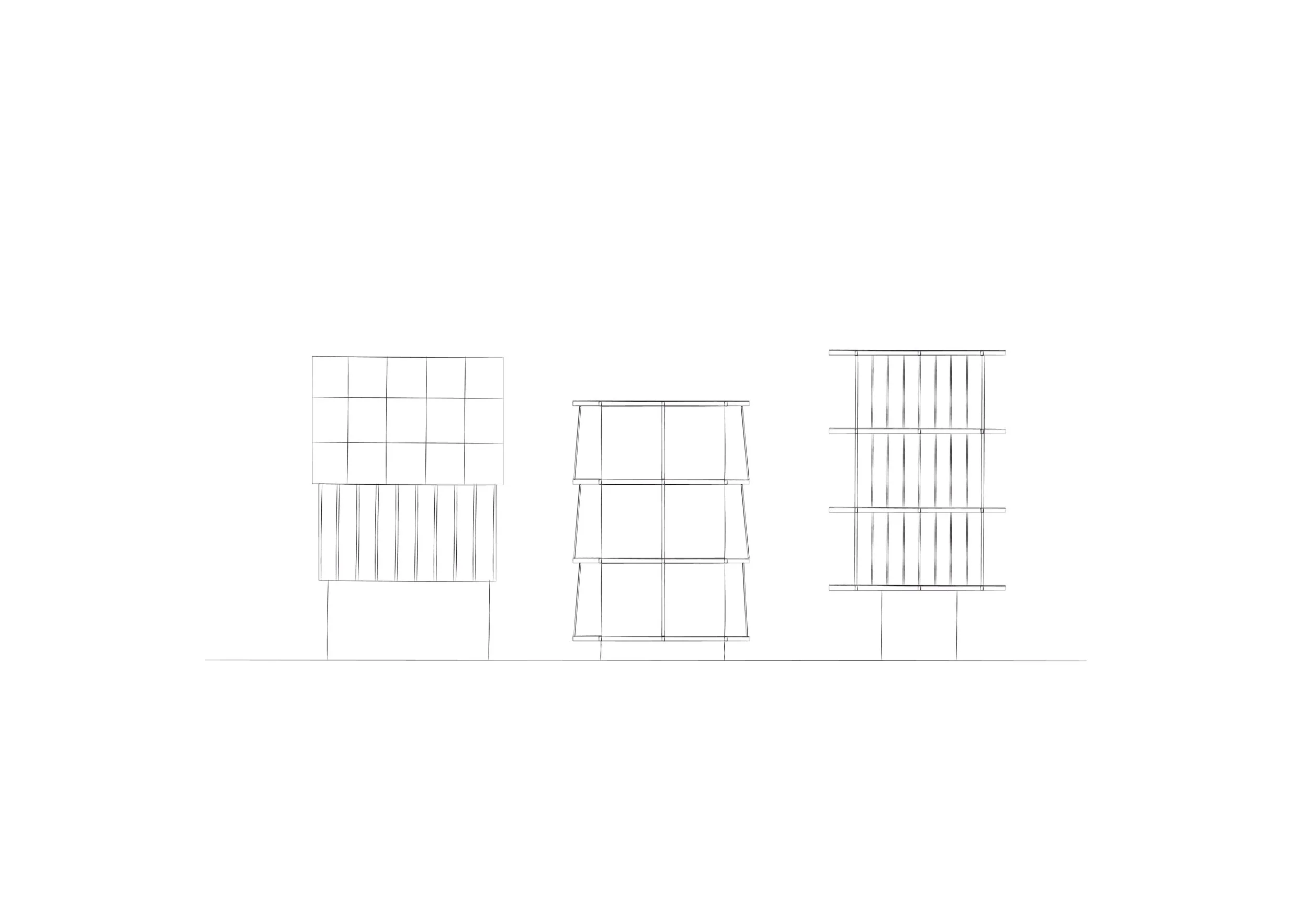 Line drawing of three furniture pieces, including a cabinet, a small table, and a larger shelving unit.