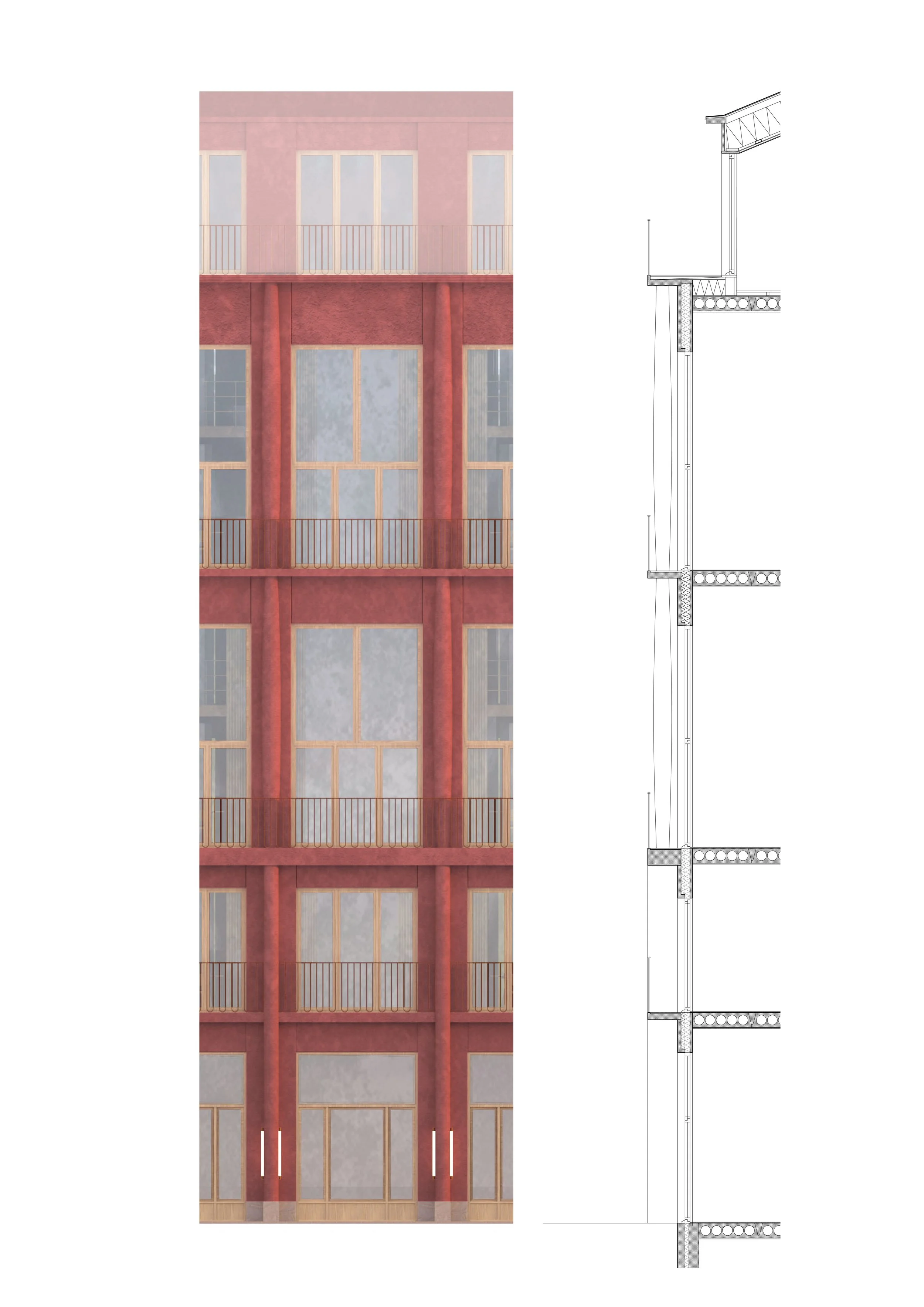 Elevator shaft with detailed architectural drawing of structural elements and exterior design, featuring red vertical supports, large glass windows, and balcony railings.