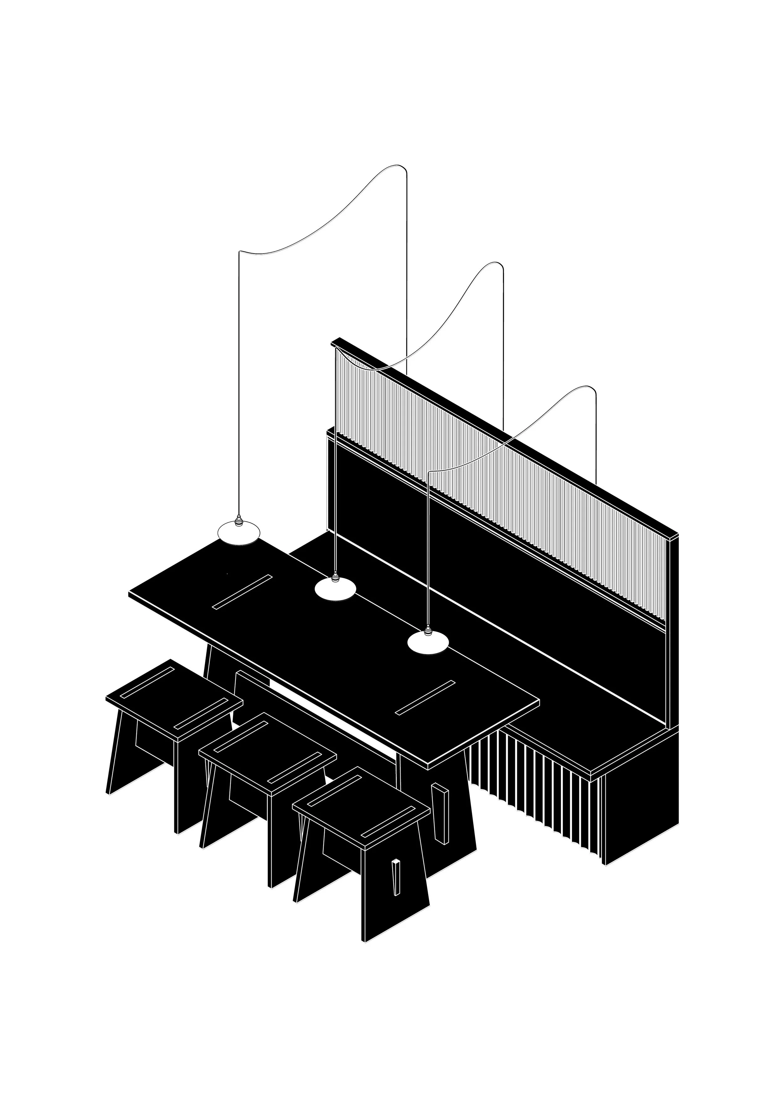 Line drawing of a dining room setup showing a long table with six chairs, a high-backed bench, a cabinet, hanging pendant lights, and a decorative screen or room divider.