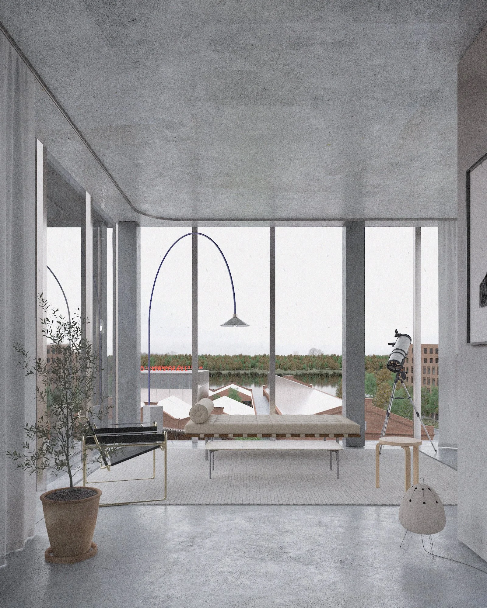 Modern balcony with large floor-to-ceiling windows overlooking a river and houses, decorated with a potted plant, a lounge chair with a blanket, a bed, a hanging lamp, and a telescope.