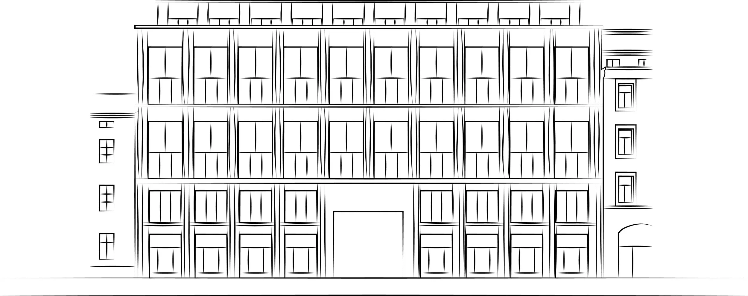 Line drawing of a multi-story building with large windows and vertical structural elements, with a parking space or entrance at the ground level.