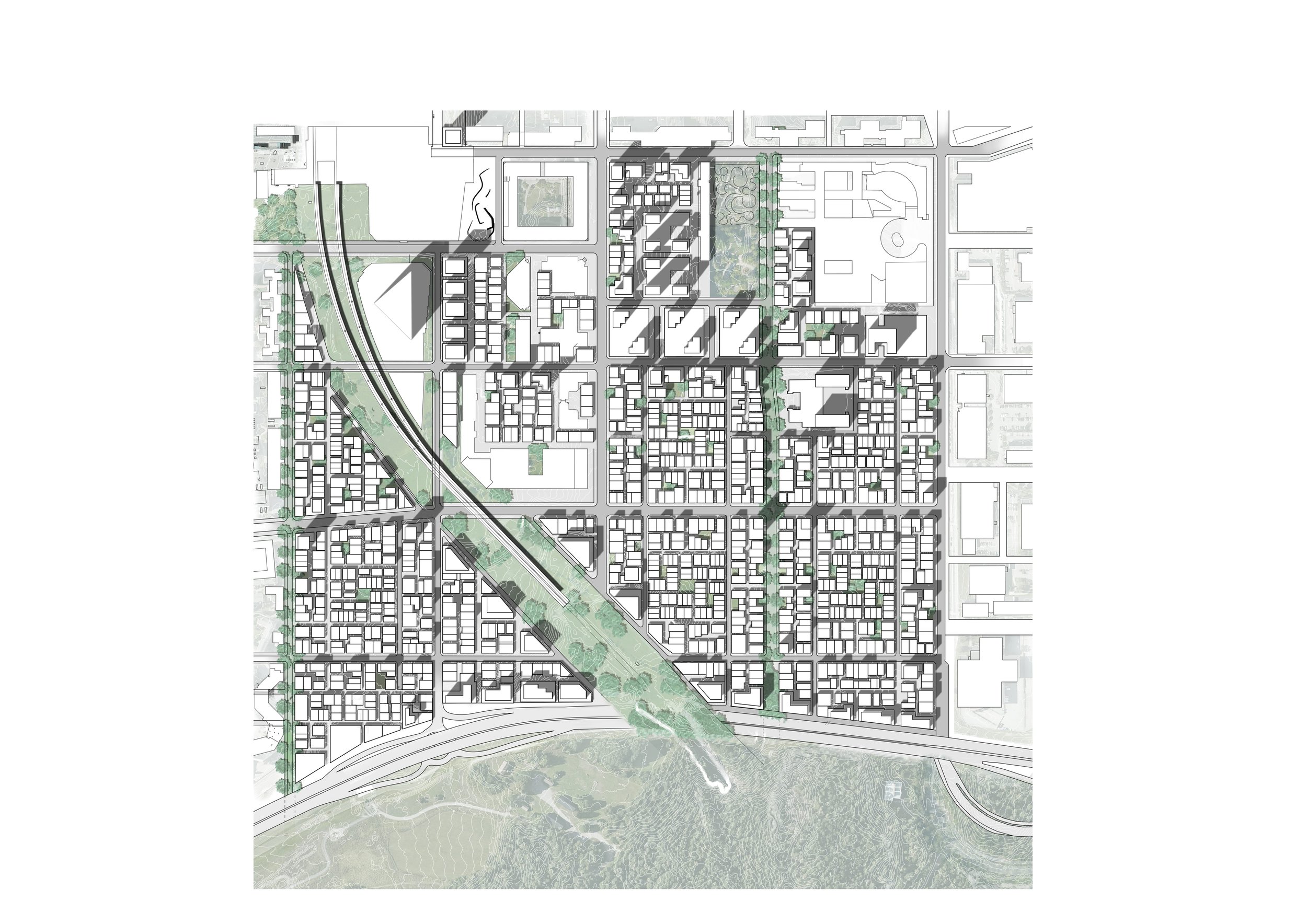 Urban city plan with buildings, roads, green spaces, and a river at the bottom.