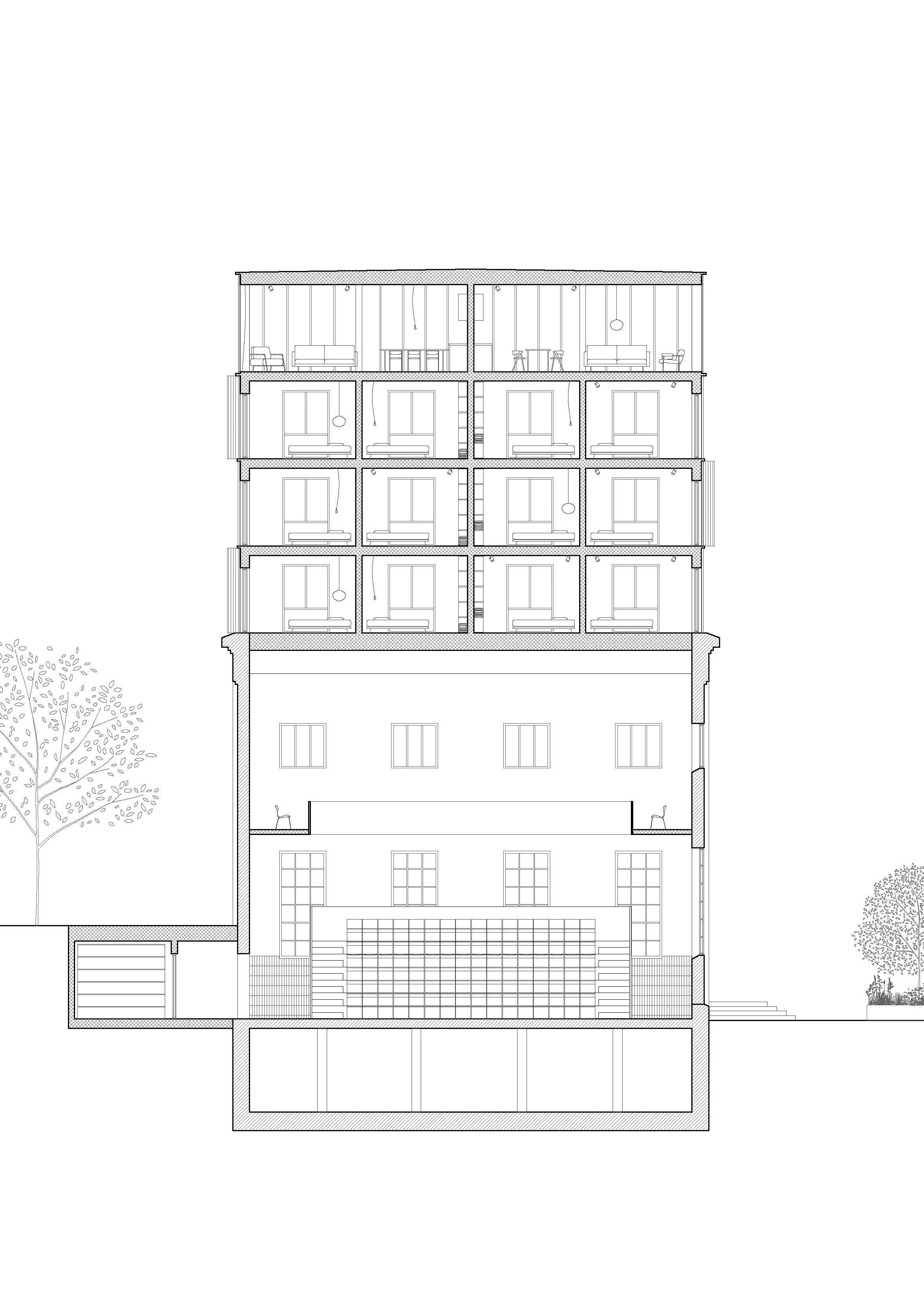 Line drawing of a multi-story building with several floors, each with multiple rooms and windows, and trees on the sides.