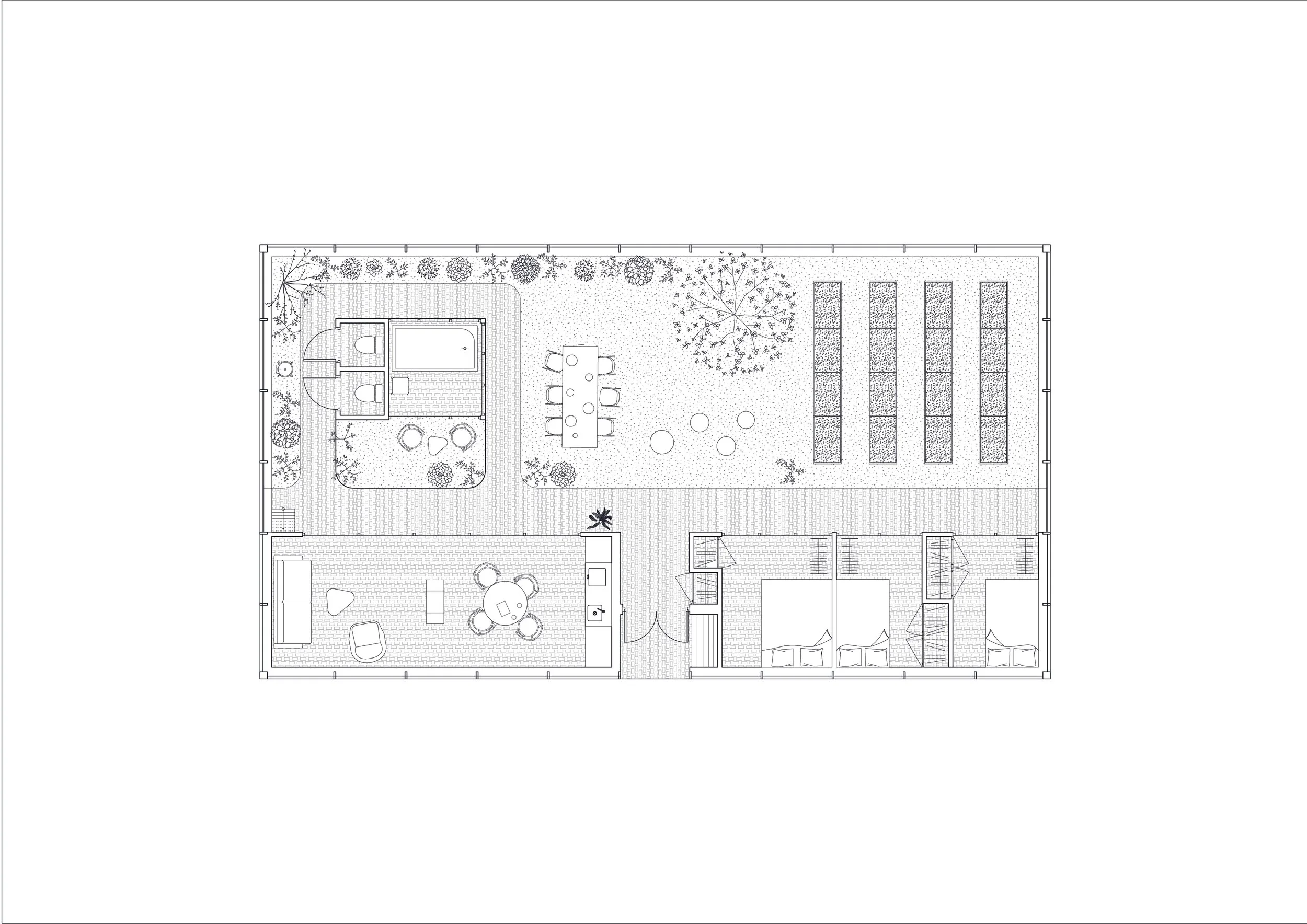 Detailed architectural floor plan of a building with outdoor garden areas, trees, and patio furniture.