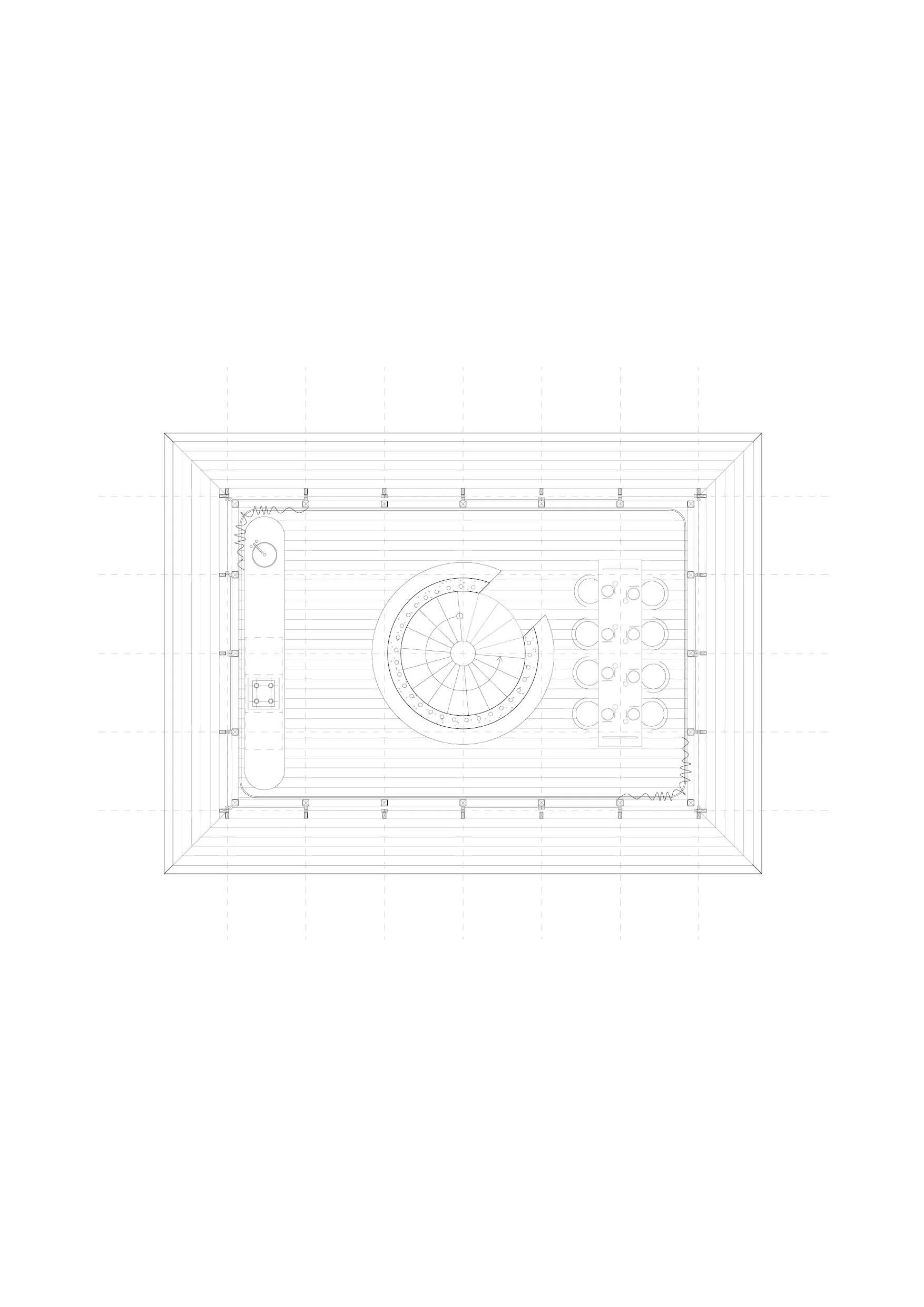 Architectural floor plan drawing of a room with a spiral staircase at the center, a rectangular table with chairs on the right side, and various other fixtures.
