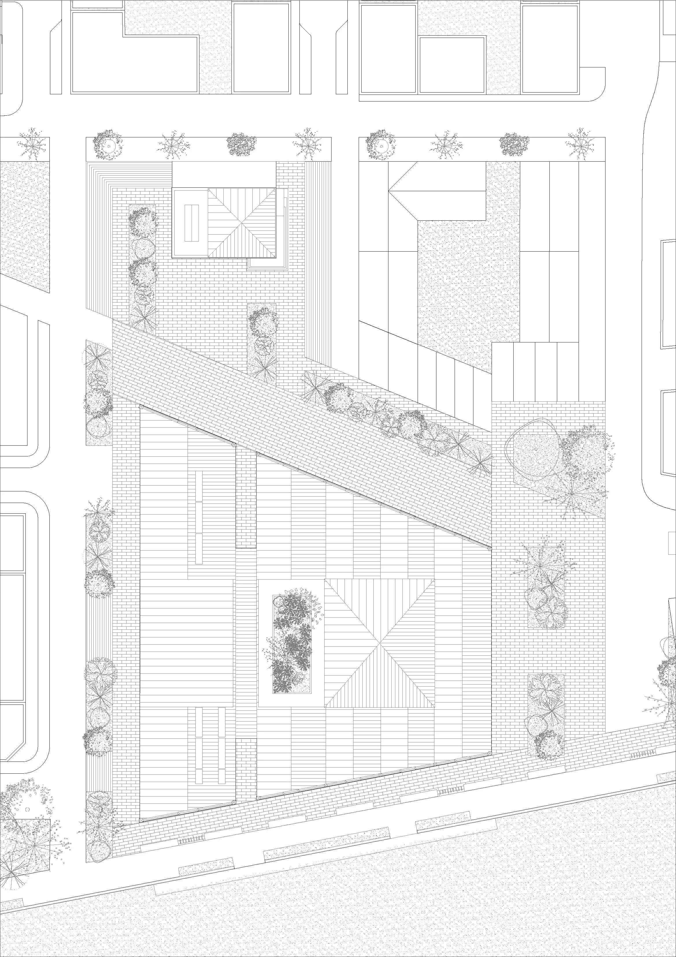 A black and white architectural site plan of a landscaped area with pathways, trees, and buildings.