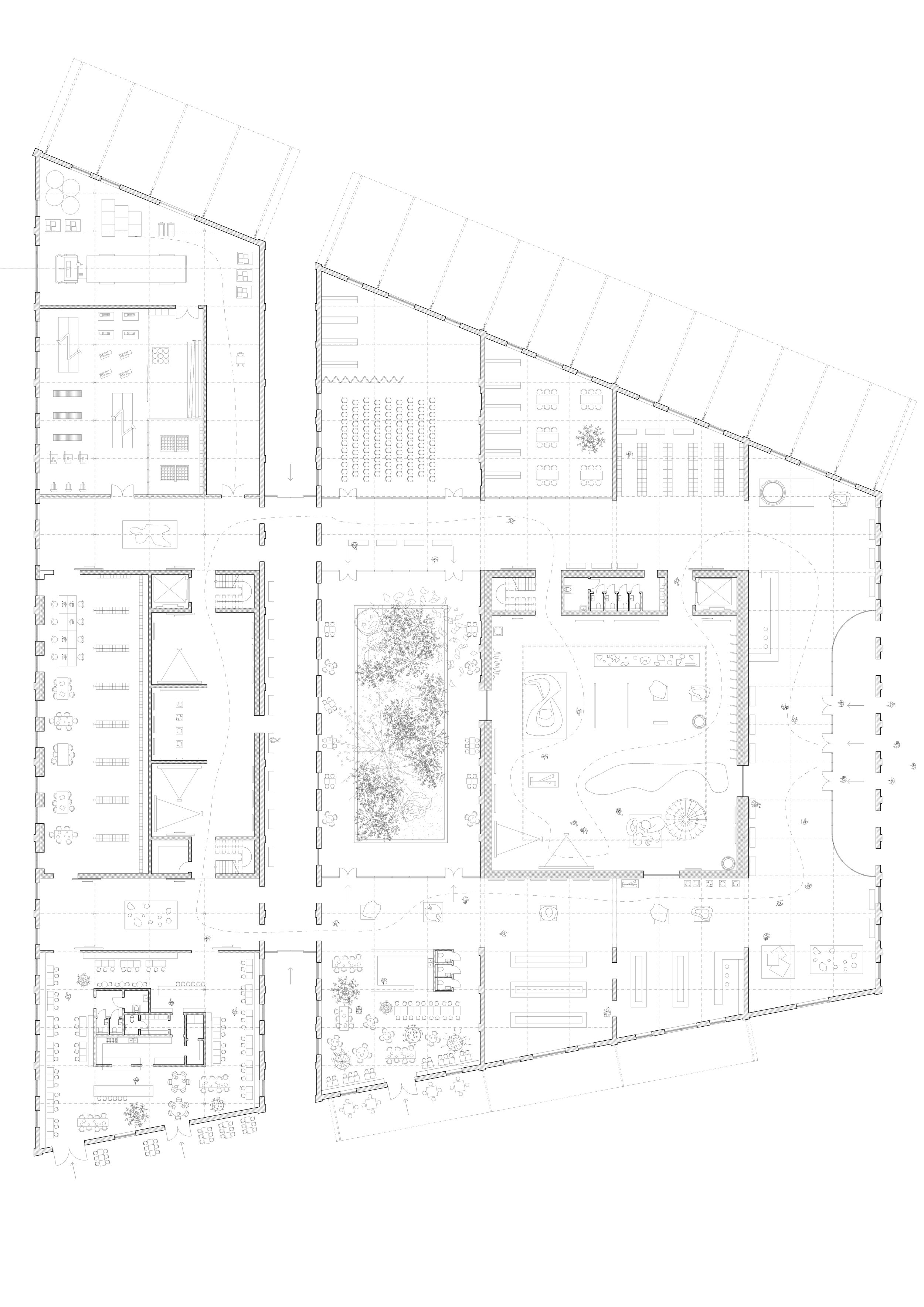 Architectural floor plan of a building with multiple rooms, common areas, and outdoor spaces, including a courtyard with trees and garden features.