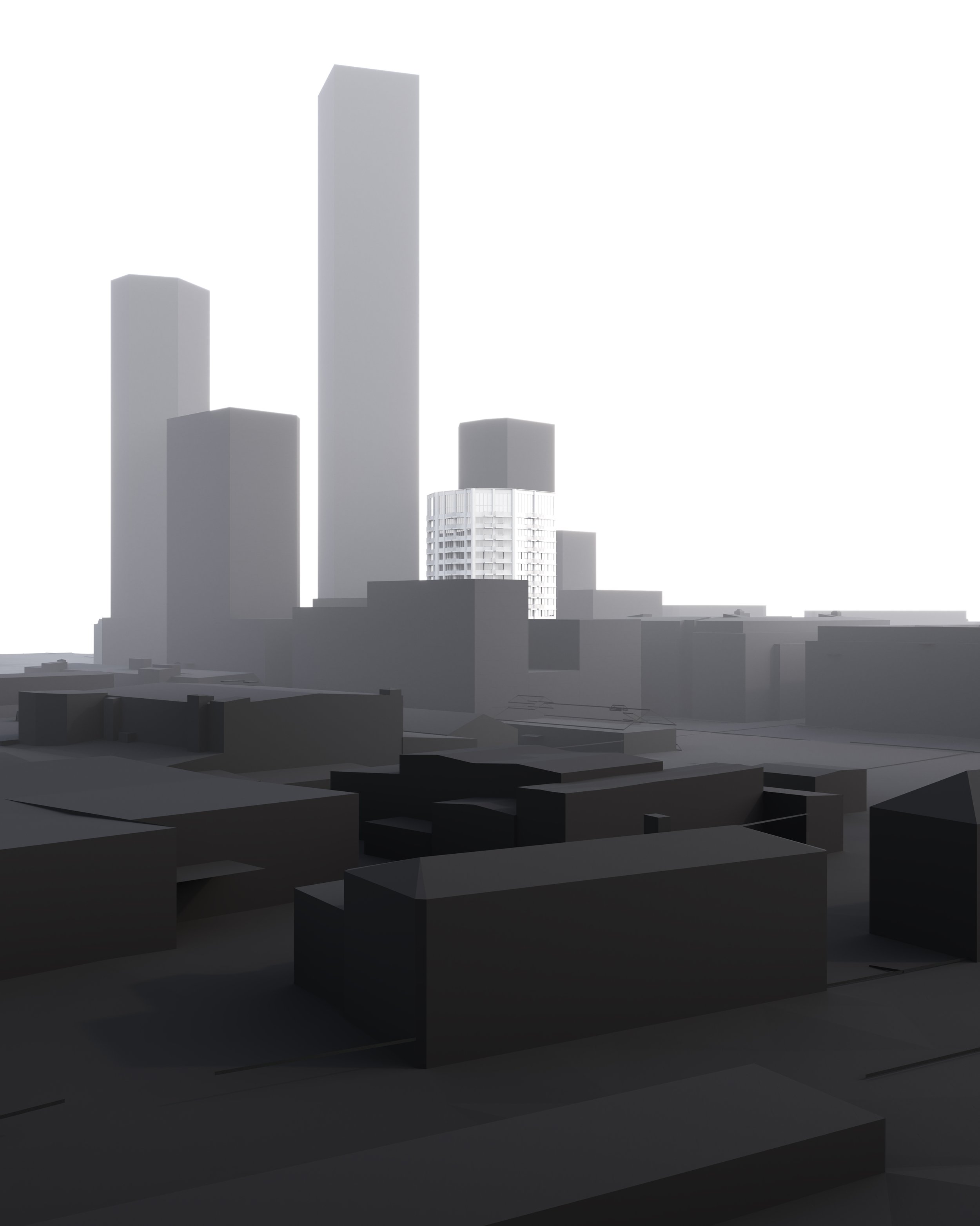 A grayscale 3D model of a city skyline with tall buildings and skyscrapers, including a prominent white building with a rounded facade in the background.