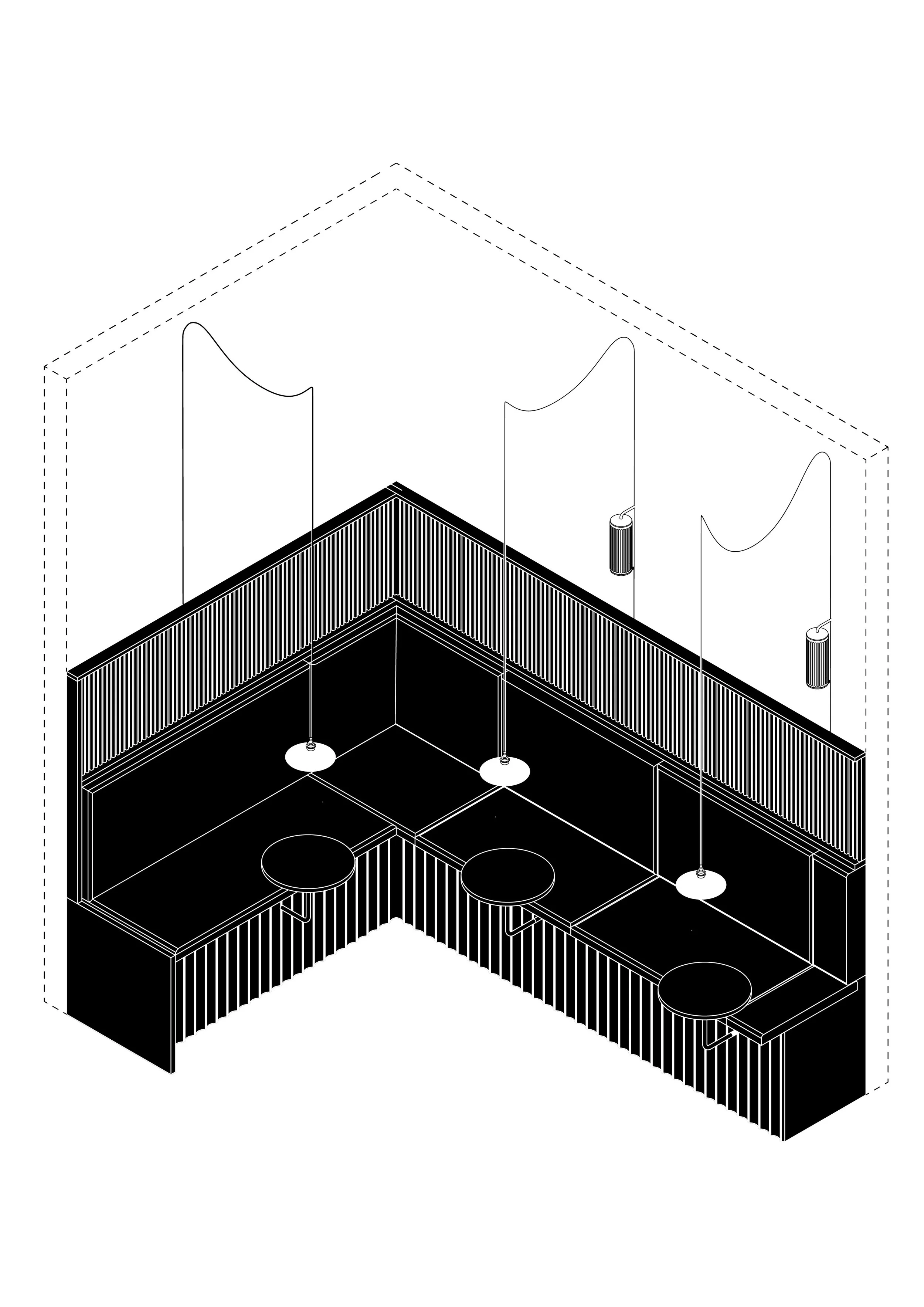 Black and white isometric drawing of a bar with a wooden panel background, bar stools, and pendant lights.