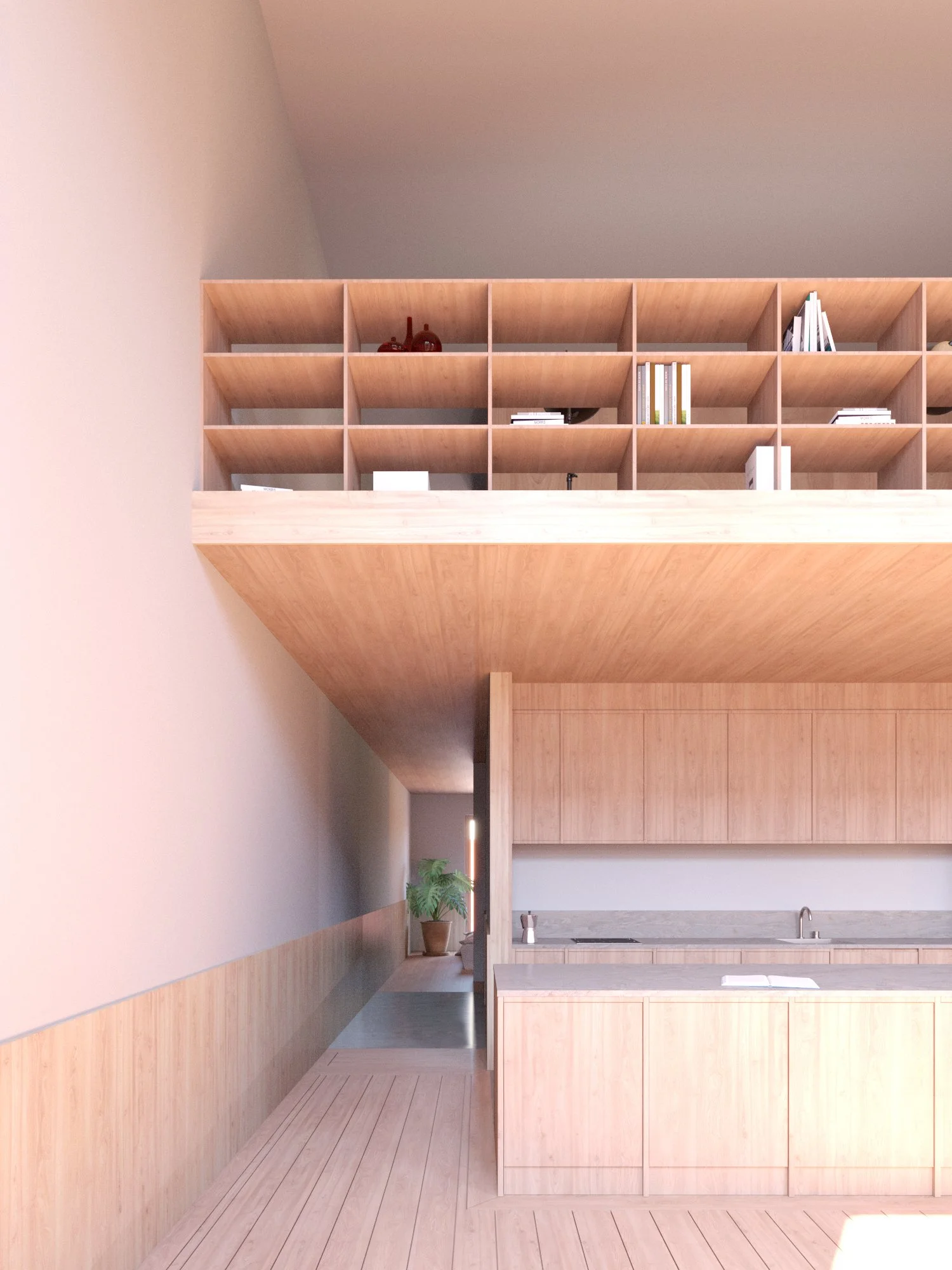 Modern kitchen with light wood cabinetry and open shelving, a small potted plant on the countertop, and natural light.