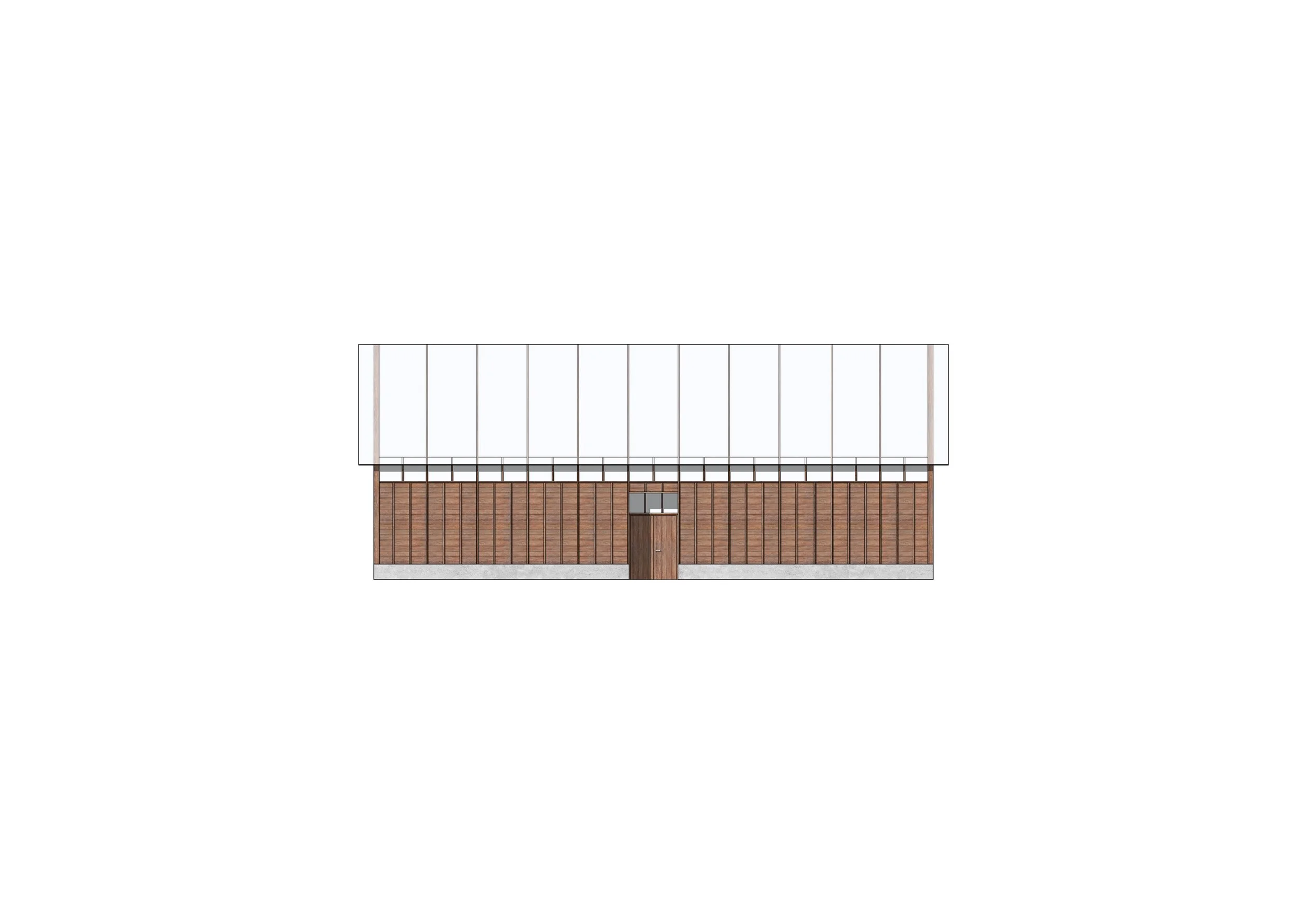 Drawing of a modern house with wooden exterior, large glass windows, and a prominent sloped roof.