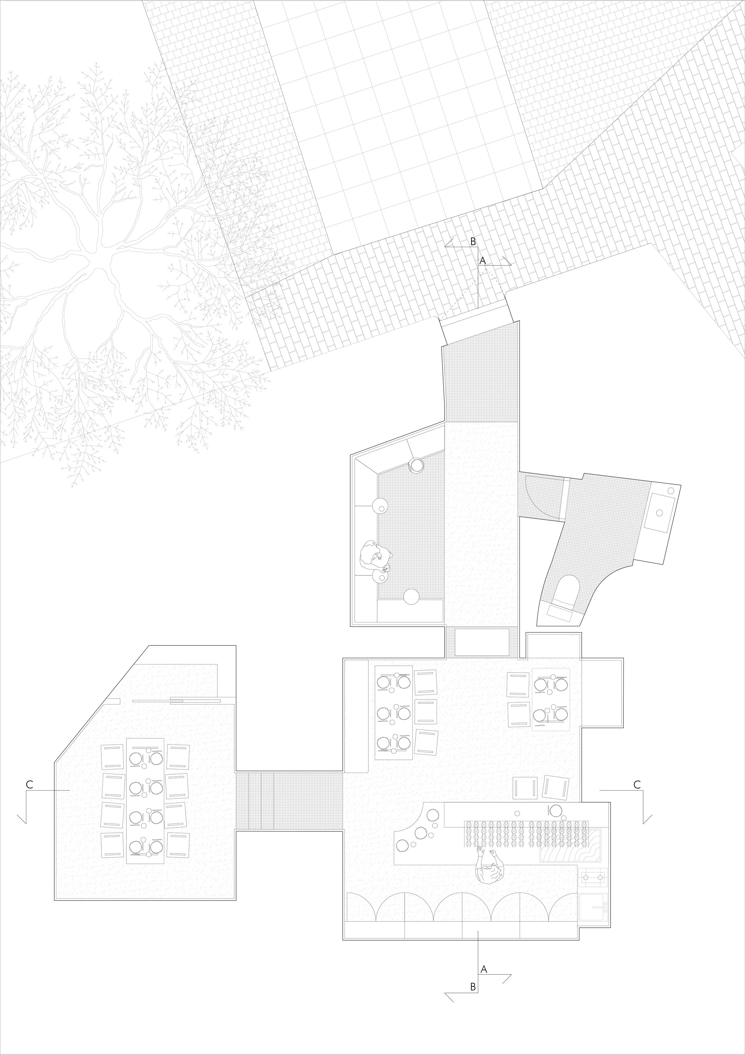 Architectural floor plan showing various rooms, furniture arrangements, trees, and outdoor areas with pathways and patios.