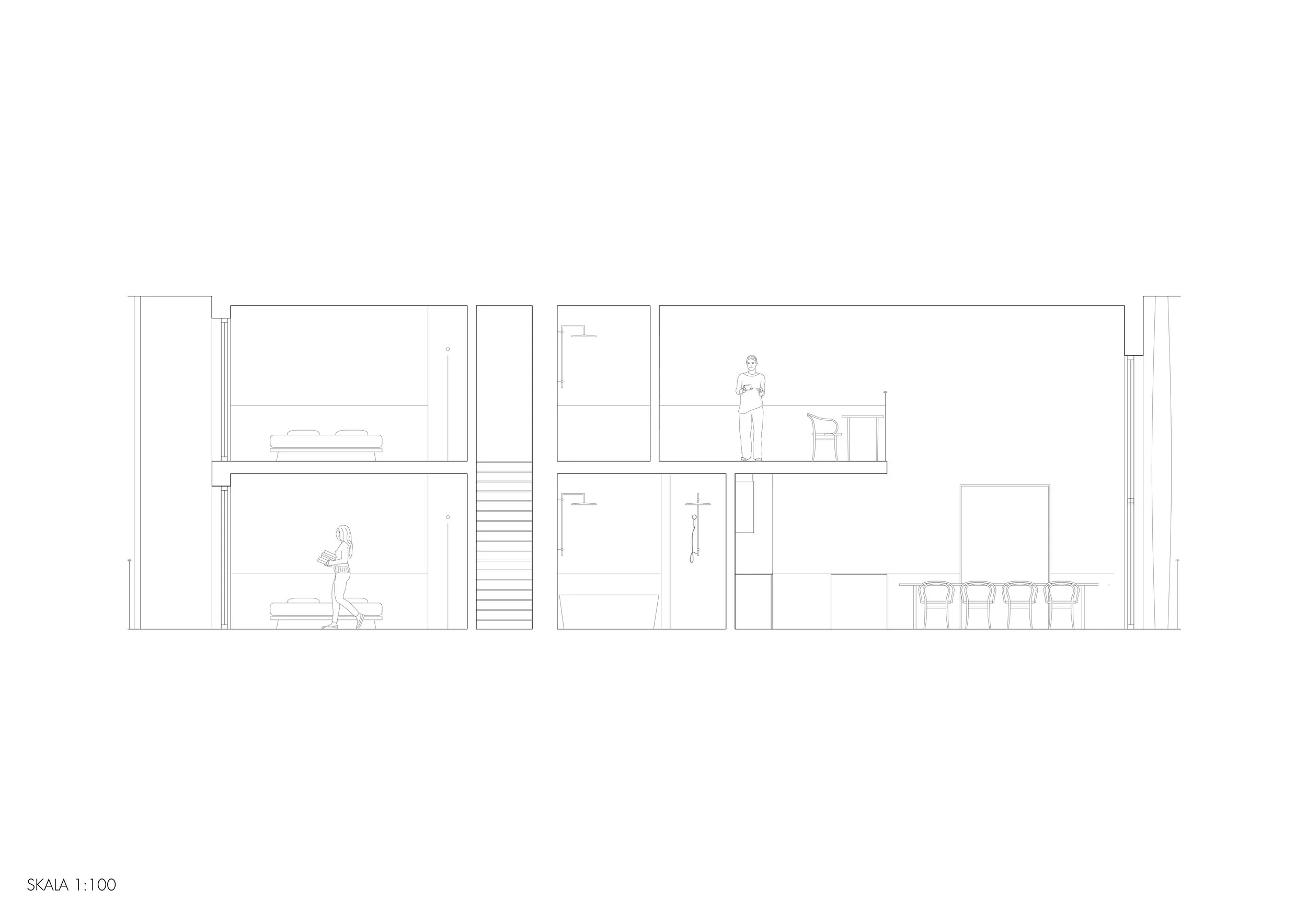 Cross-section architectural drawing of a multi-story building with rooms, people, and furniture, including beds, tables, chairs, and bathrooms, at a scale of 1:100.