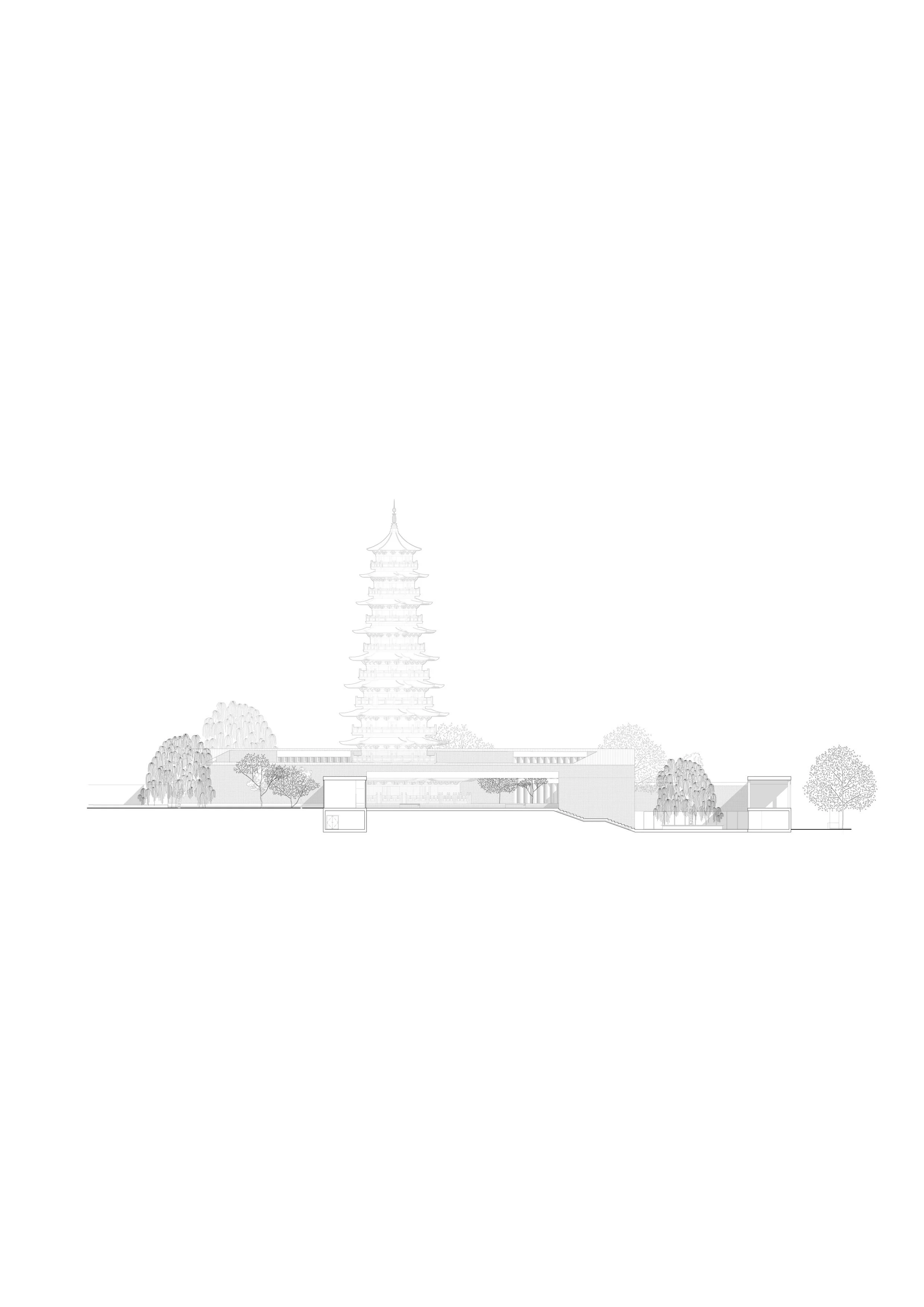 Architectural drawing of a building complex with a tall pagoda-style tower, trees, and landscaped surroundings.