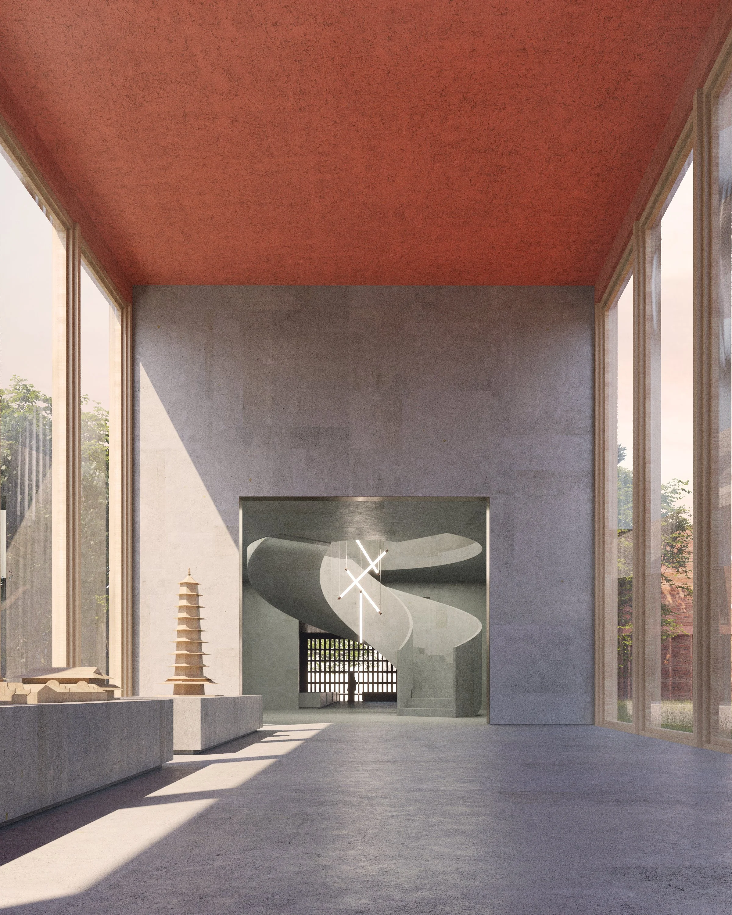 Modern interior with large windows, a spiral staircase, and a minimalist aesthetic.