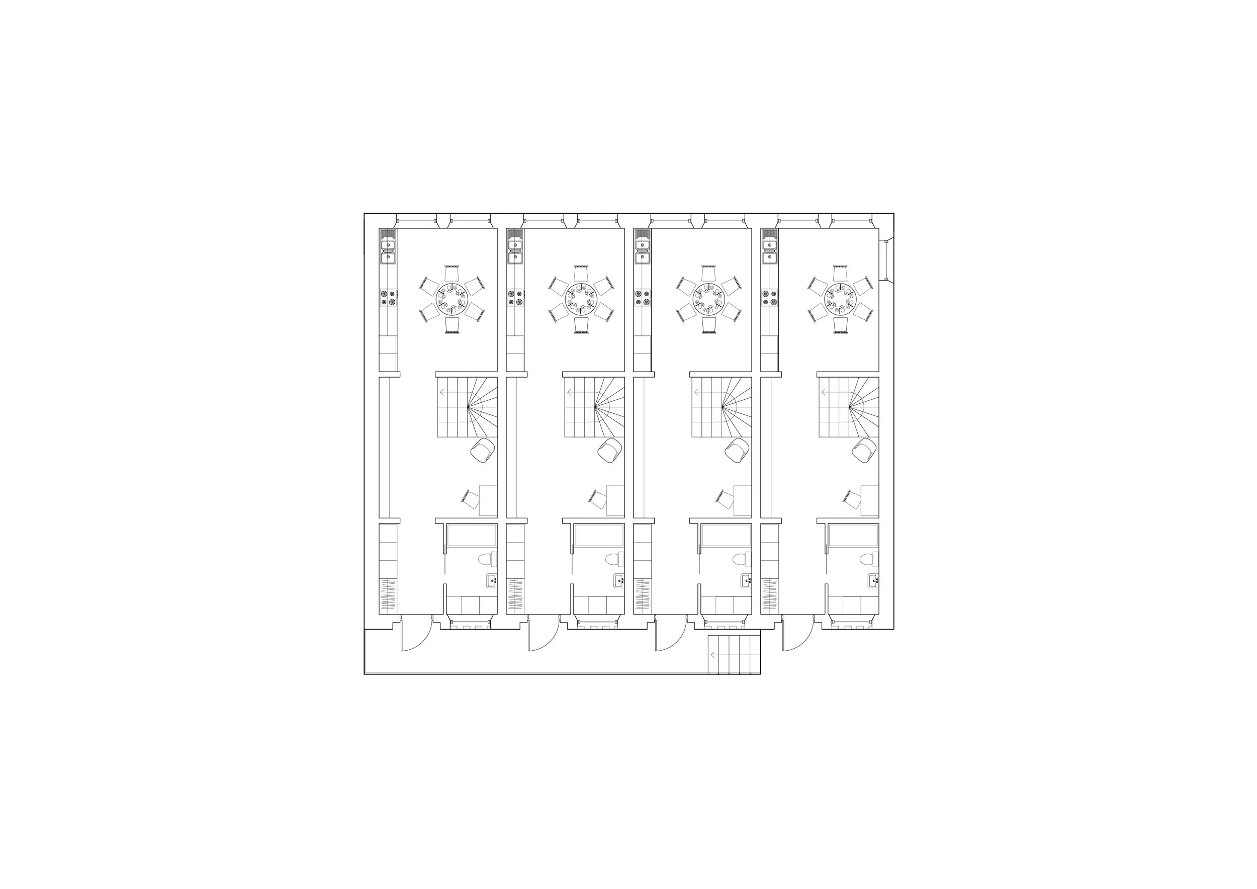 Floor plan layout of multiple units, each with living areas, kitchens, bathrooms, staircases, and individual entrances.