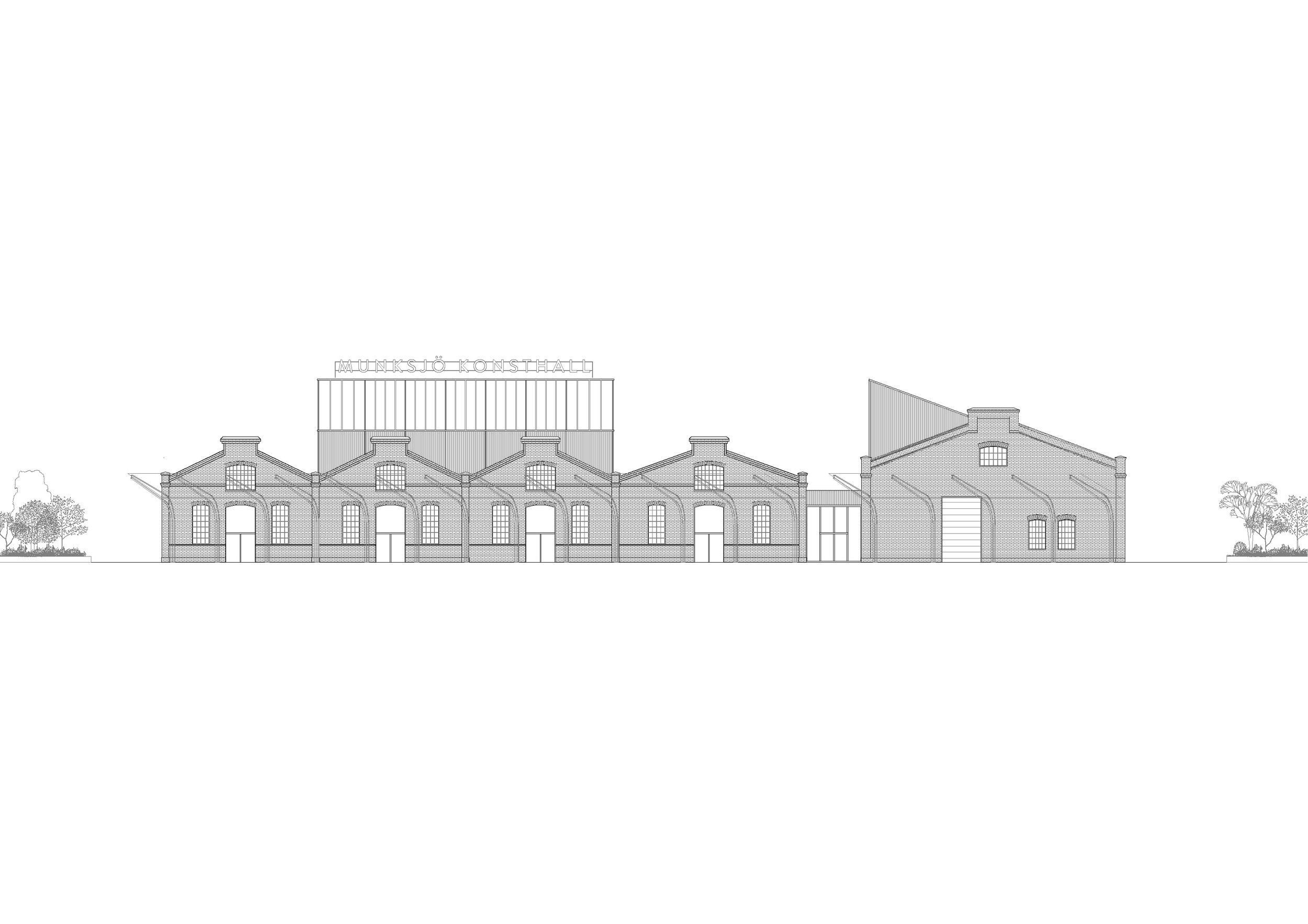 Architectural drawing of a large brick building with multiple arched windows and trees on either side, labeled 'Munksjo Konsthall' on the roof.