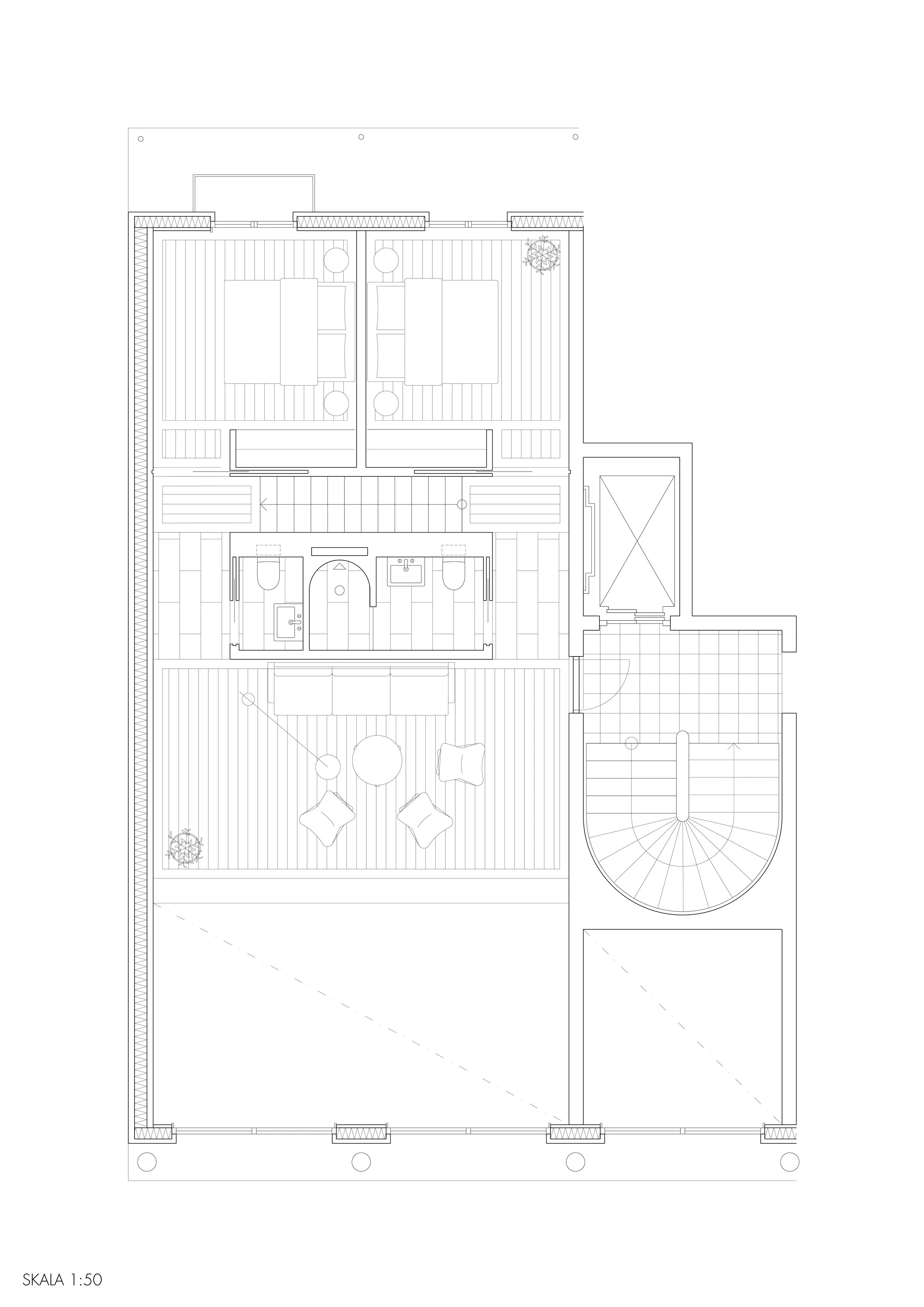 Floor plan of a house with an outdoor terrace, living room, bedroom, bathroom, and spiral staircase.
