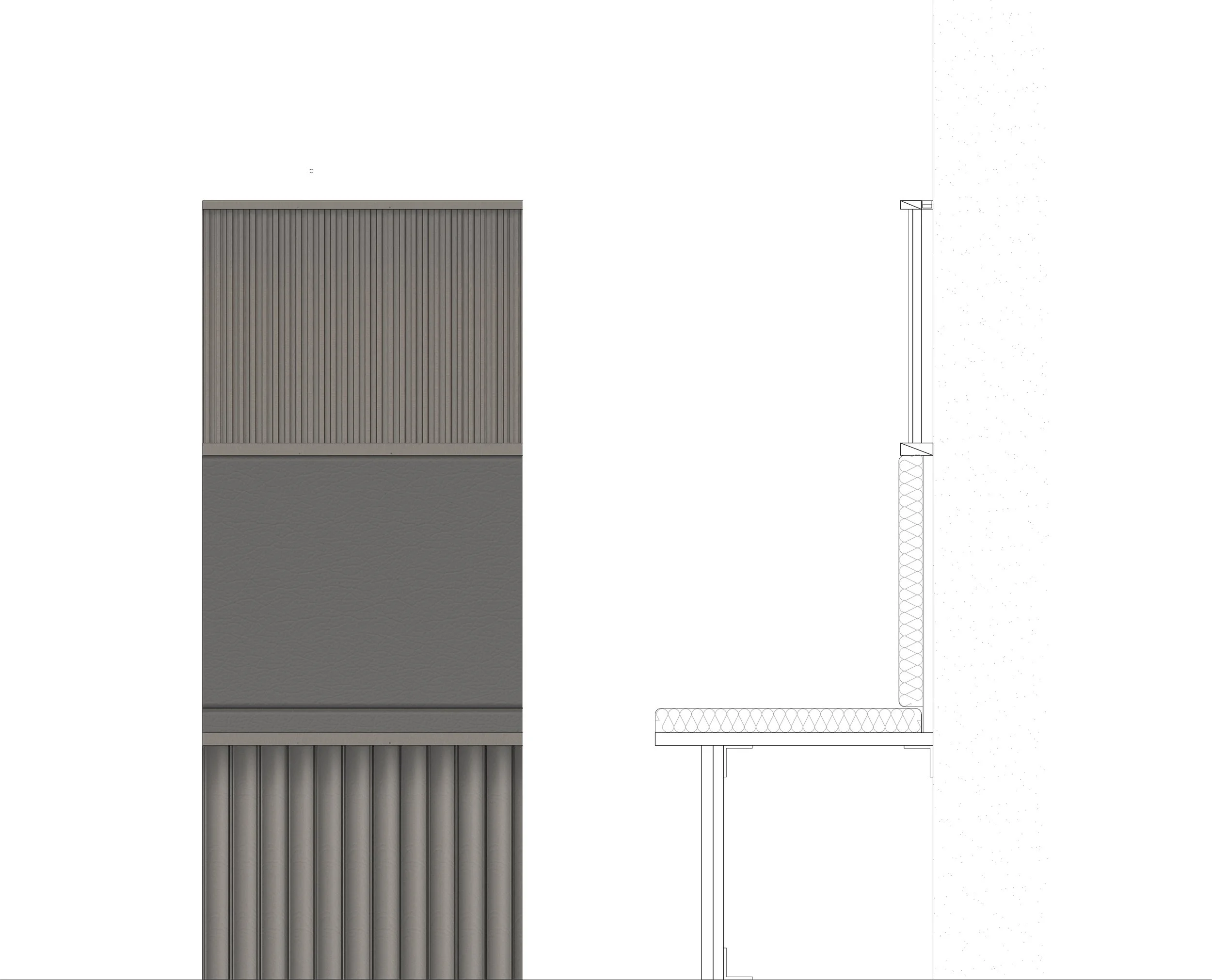 A technical drawing showing various views of a building or structure, including elevation and section perspectives, with detailed line work and measurements.
