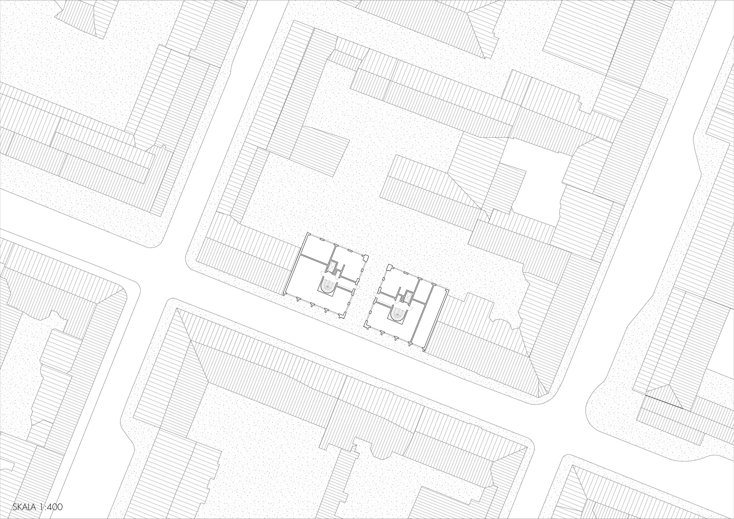 An architectural or site plan drawing showing buildings, roads, and open spaces with detailed structural outlines and a scale of 1:400.