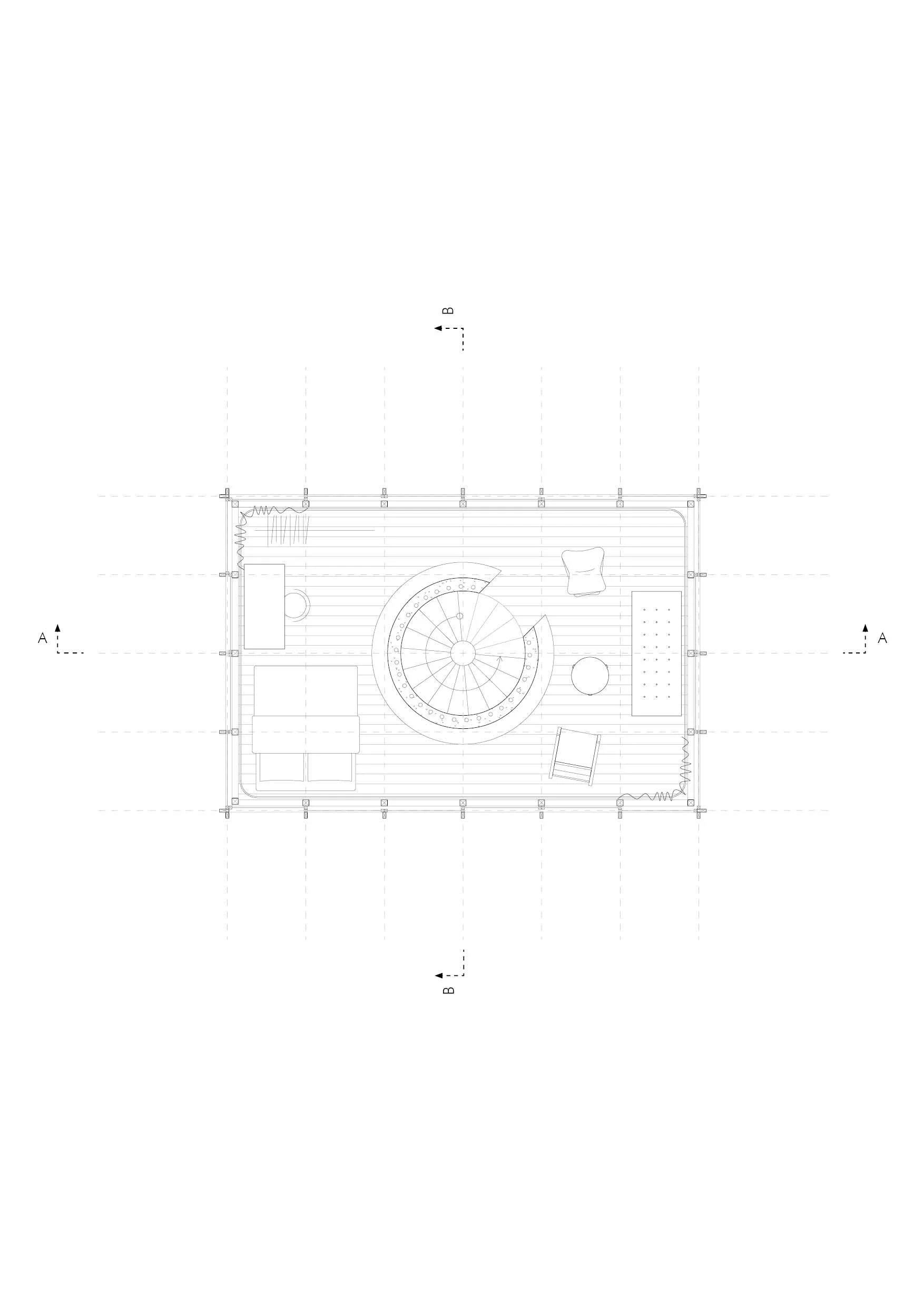 Architectural floor plan featuring a spiral staircase, seating area, and various furniture elements.