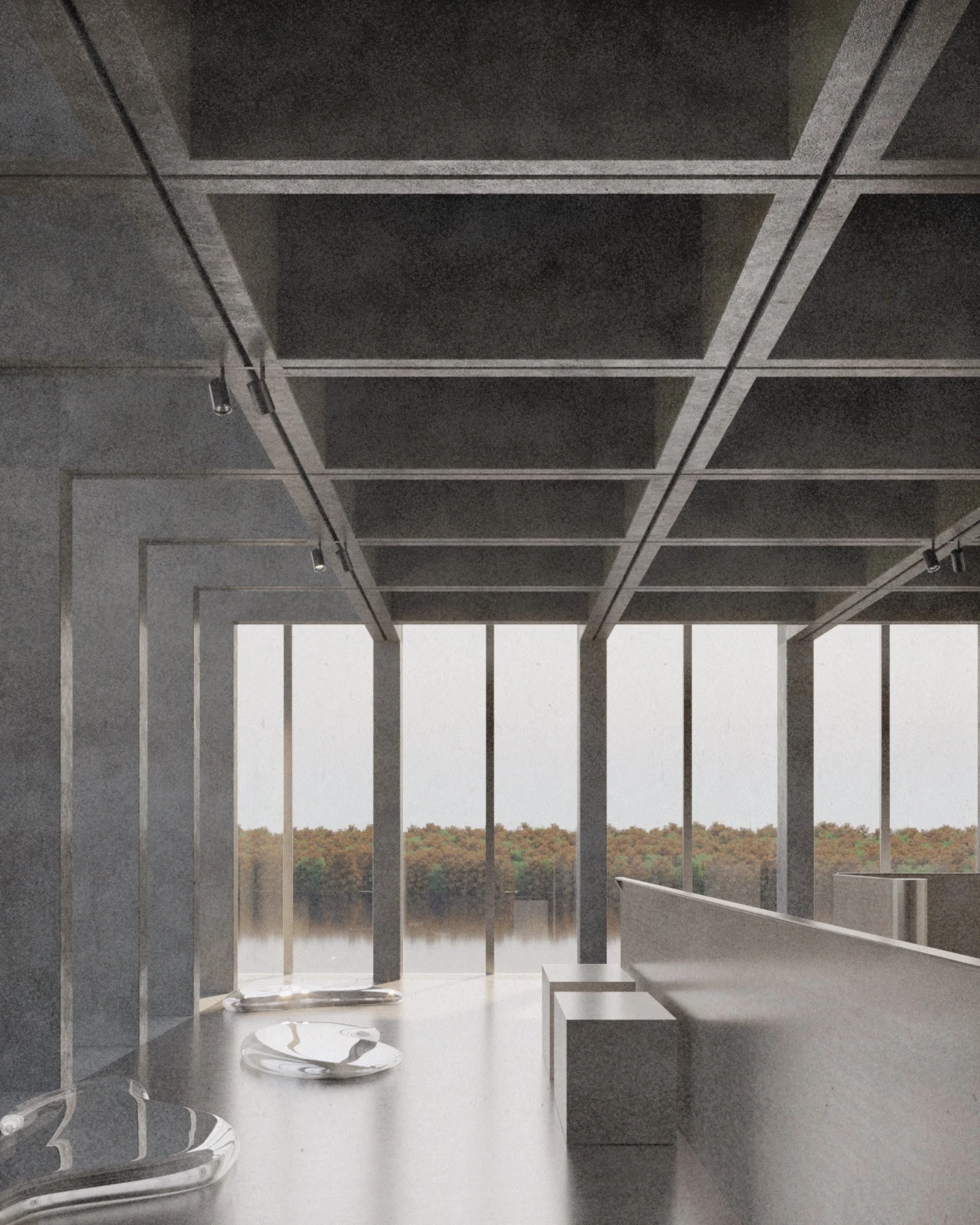 View of a modern interior with large floor-to-ceiling windows overlooking a landscape of trees and a body of water. The space features minimalist decor with sleek furniture and track lighting.