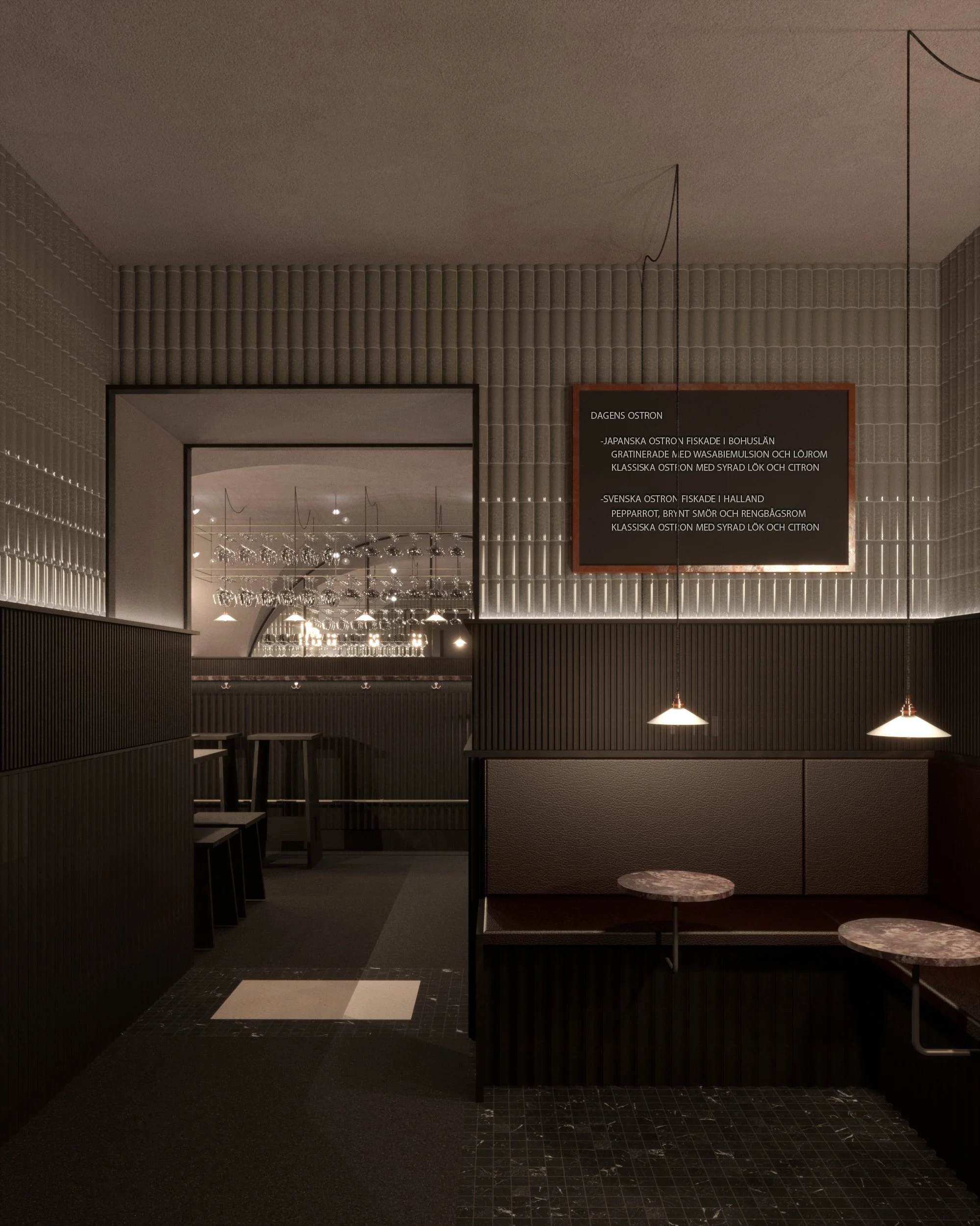 Interior view of a restaurant with a blackboard menu and modern lighting fixtures, featuring dark walls and a dining area with marble tables.