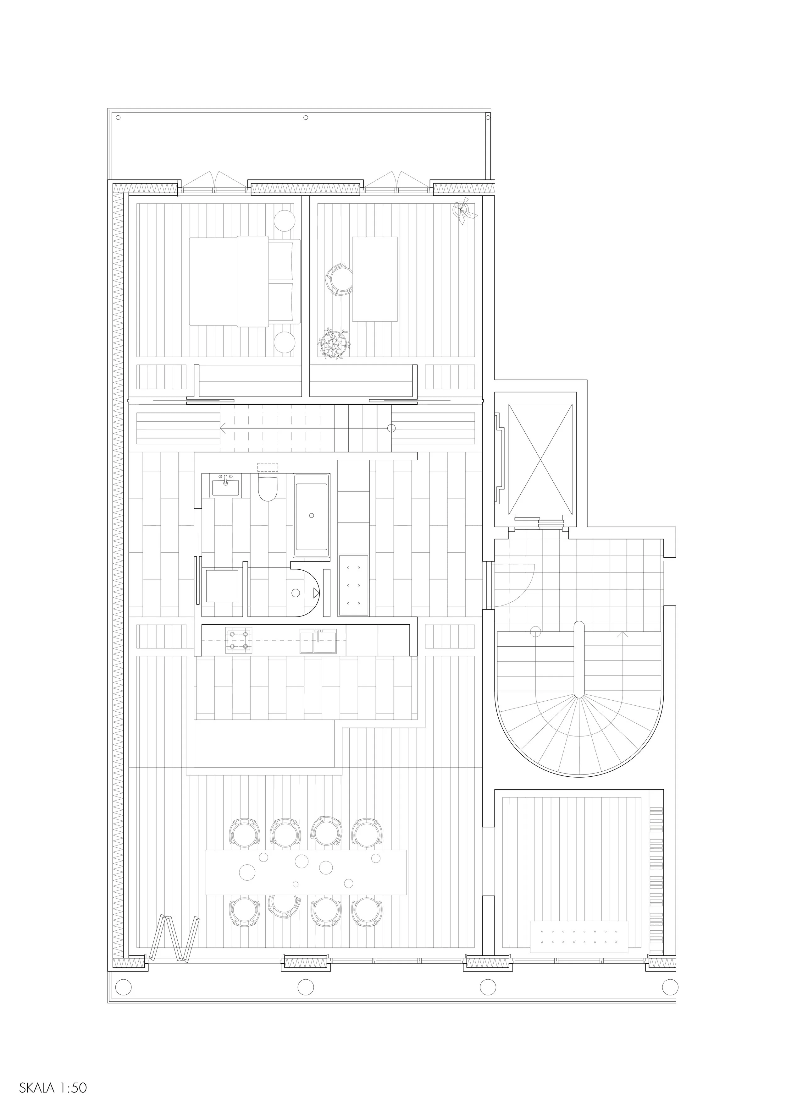 Architectural floor plan of a building with various rooms, furniture, and stairs in black and white.