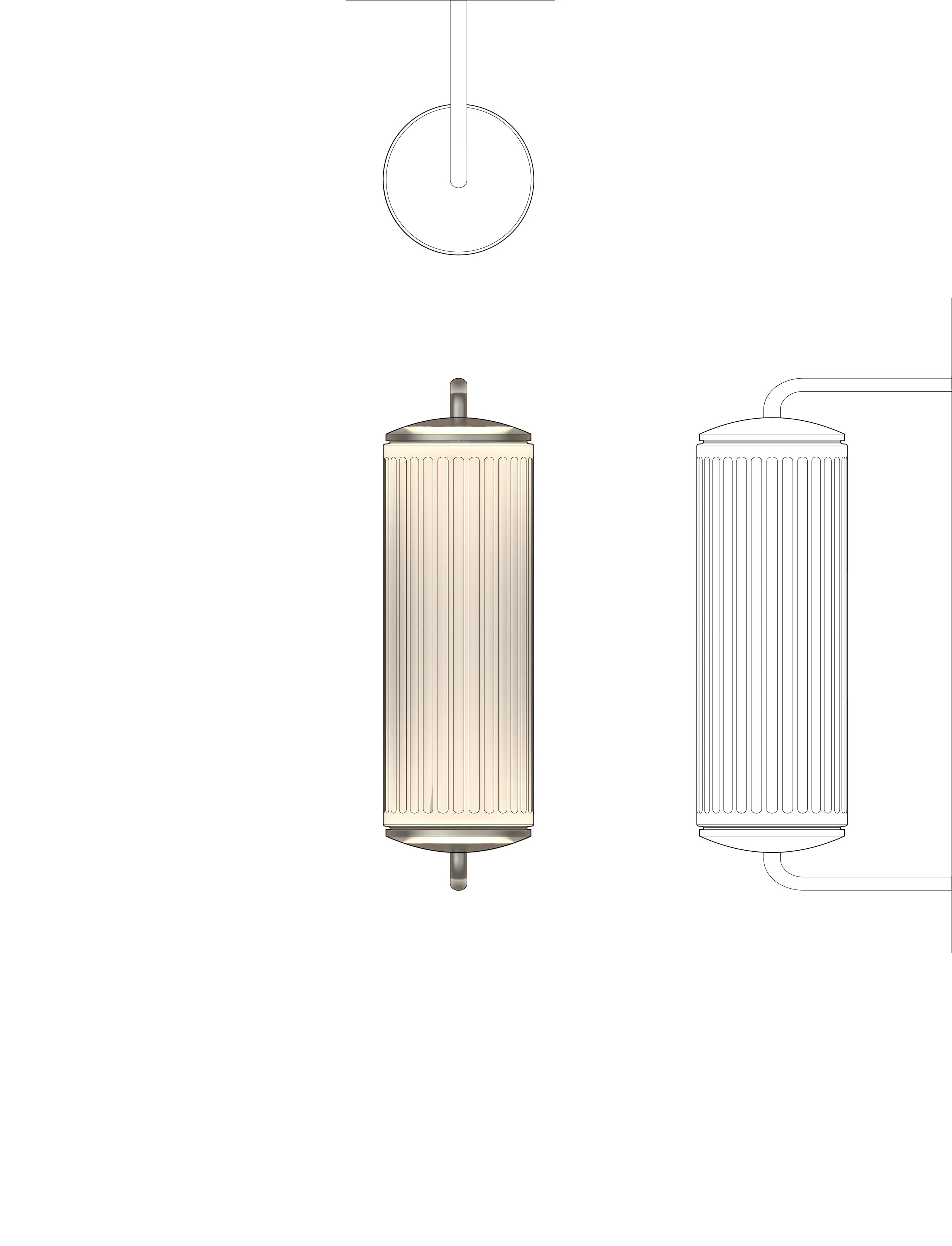 A tech drawing showing a top view and three-dimensional view of a electronic component, with details on its cylindrical shape, vertical lines, and connections.