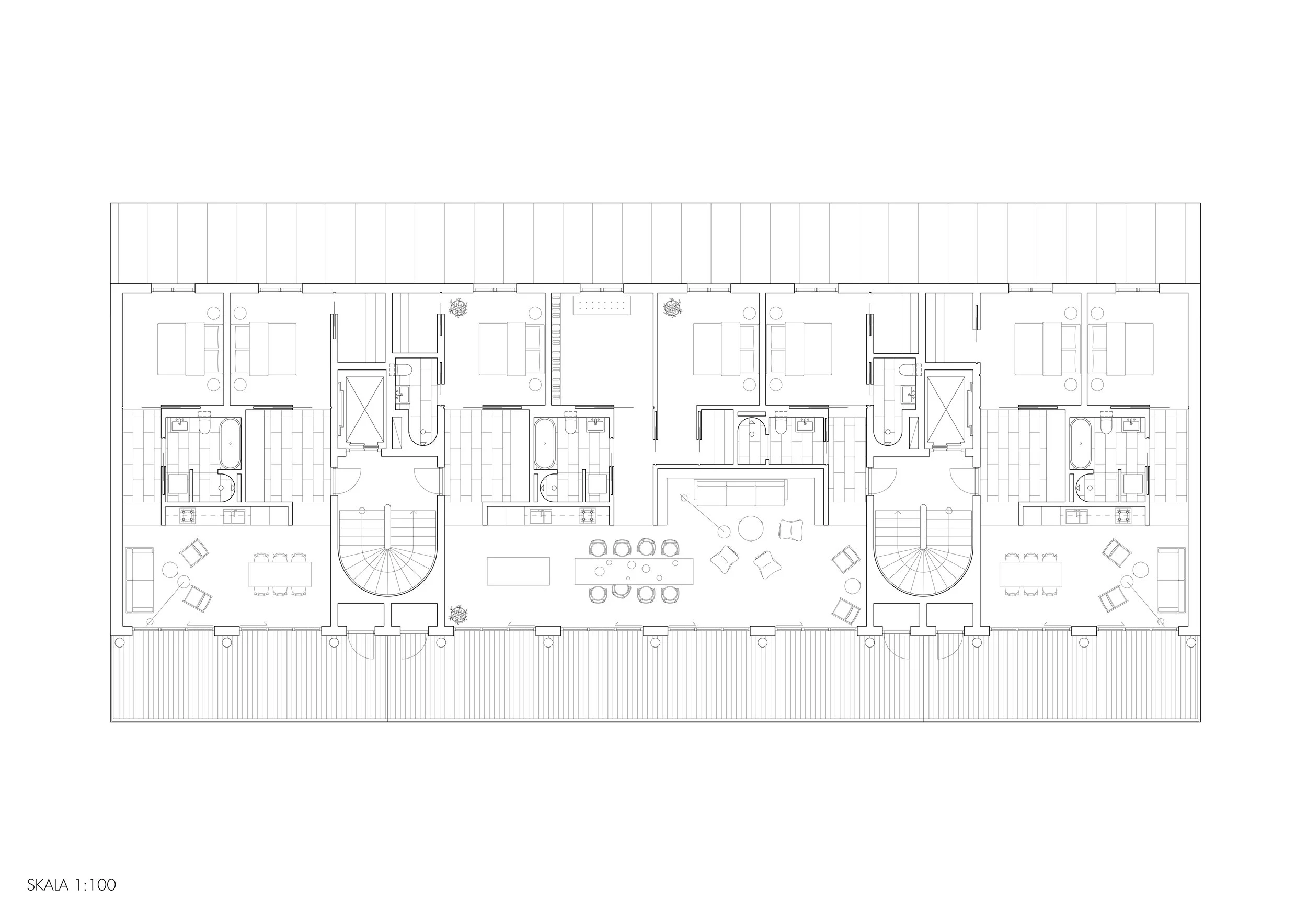 Architectural floor plan of a building with multiple rooms, communal spaces, and staircases, labeled with furniture and fixtures, drawn to a scale of 1:100.