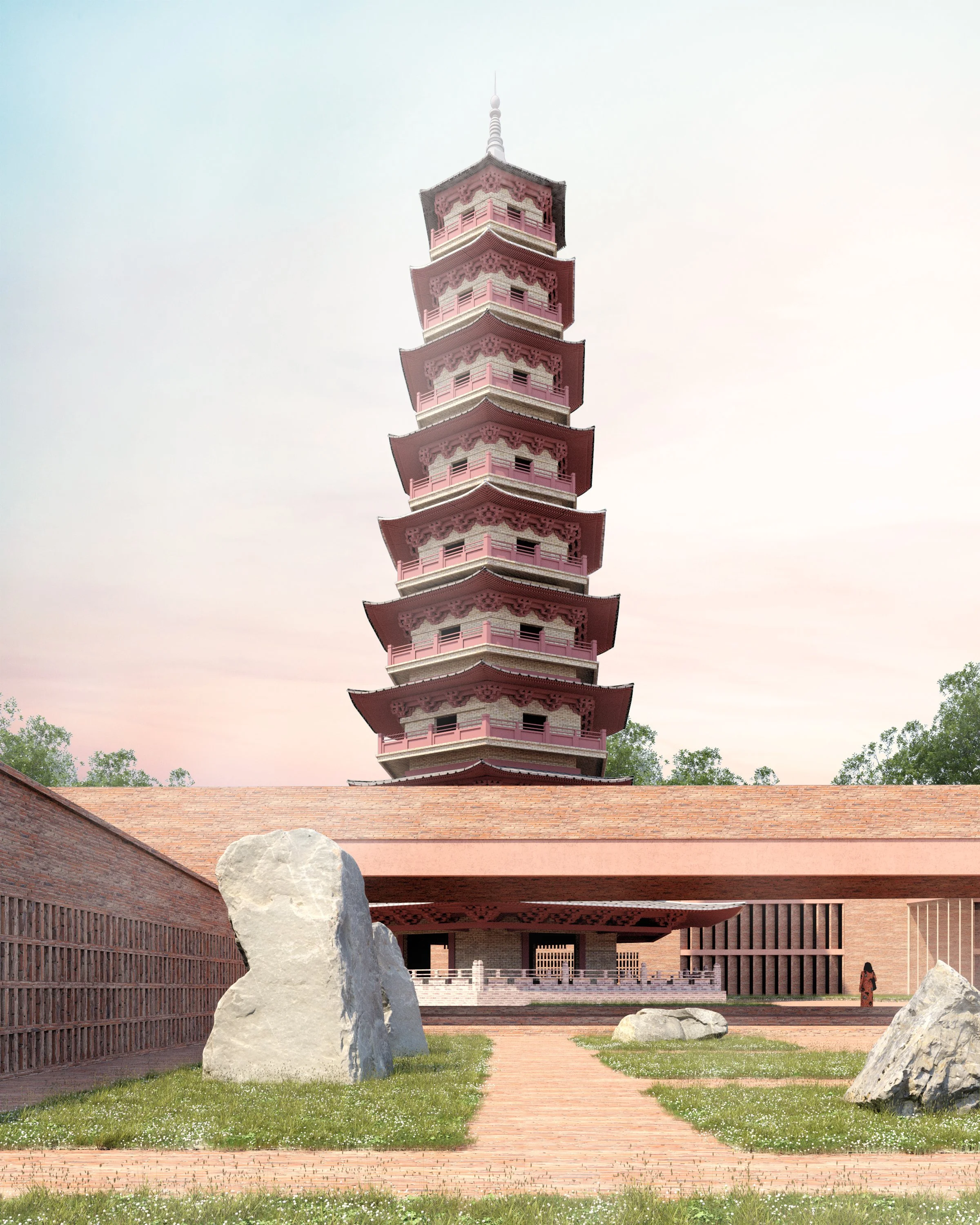 A pink multi-tiered pagoda with traditional Asian architectural style, situated behind a brick wall and rocky landscape, with a small figure of a person in the bottom right corner and trees in the background.