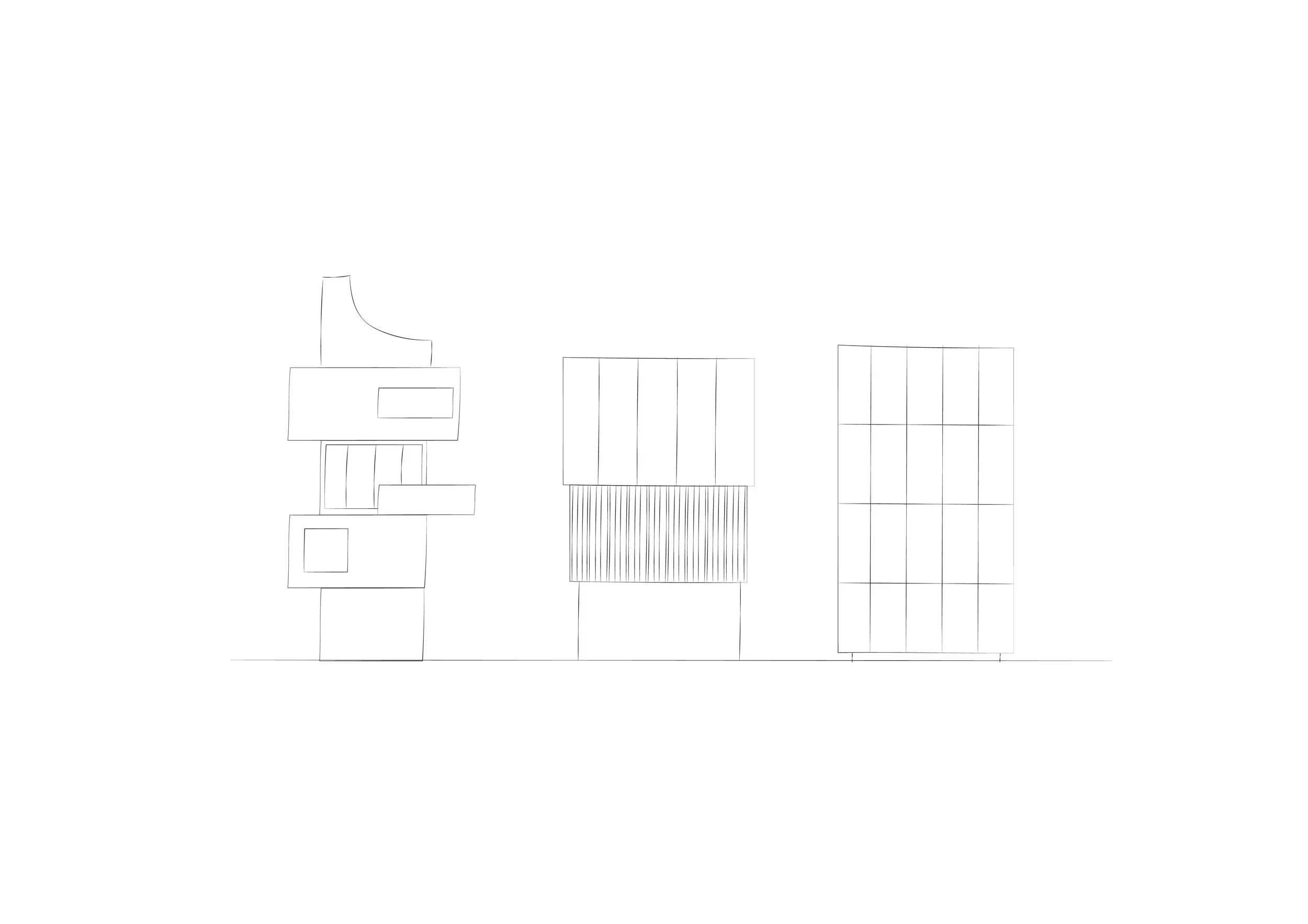 Outline drawing of five different buildings or skyscrapers with varied building designs.