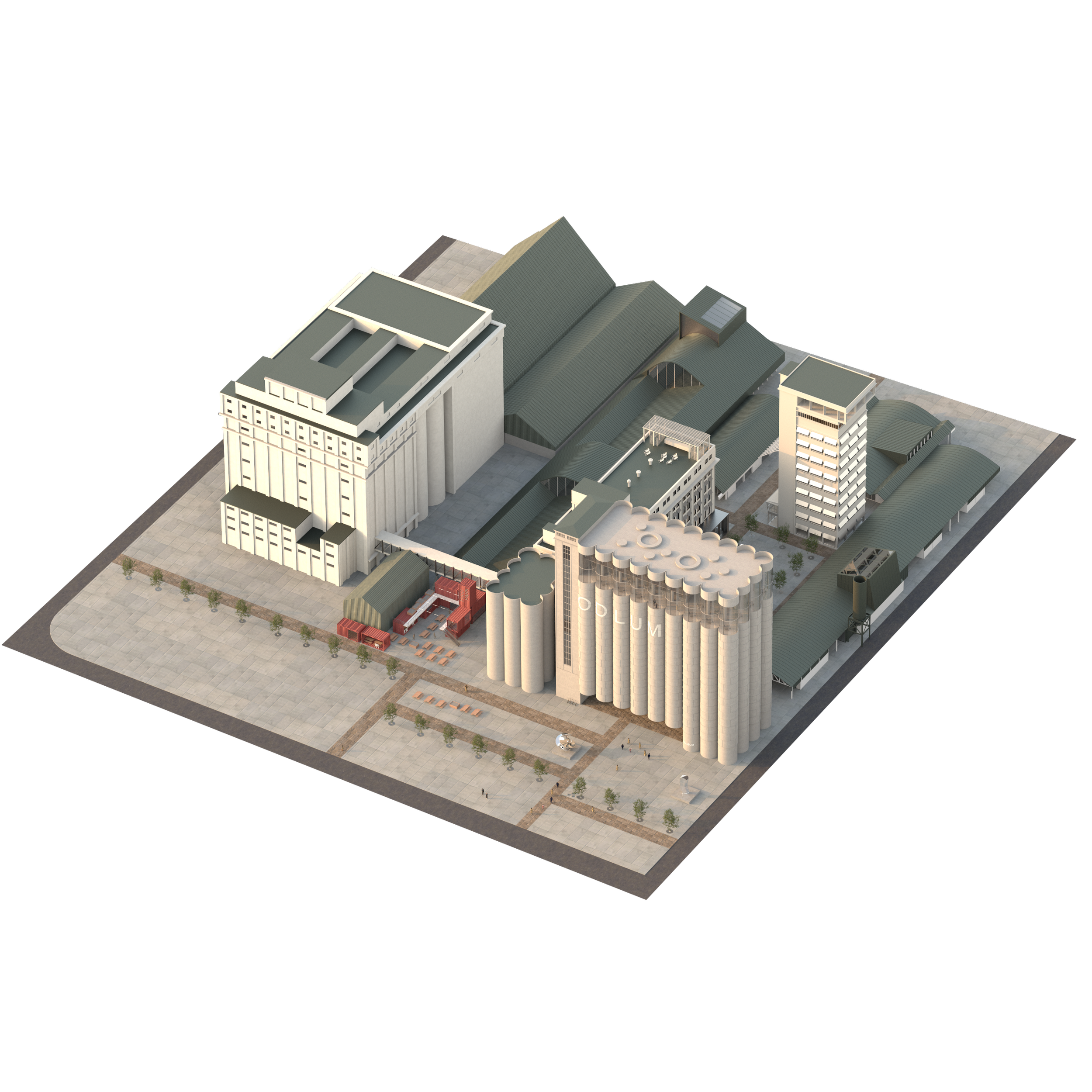 3D digital model of a modern multi-story building complex with white and gray exterior, green rooftops, and surrounding paved areas, featuring various structures and architectural details.