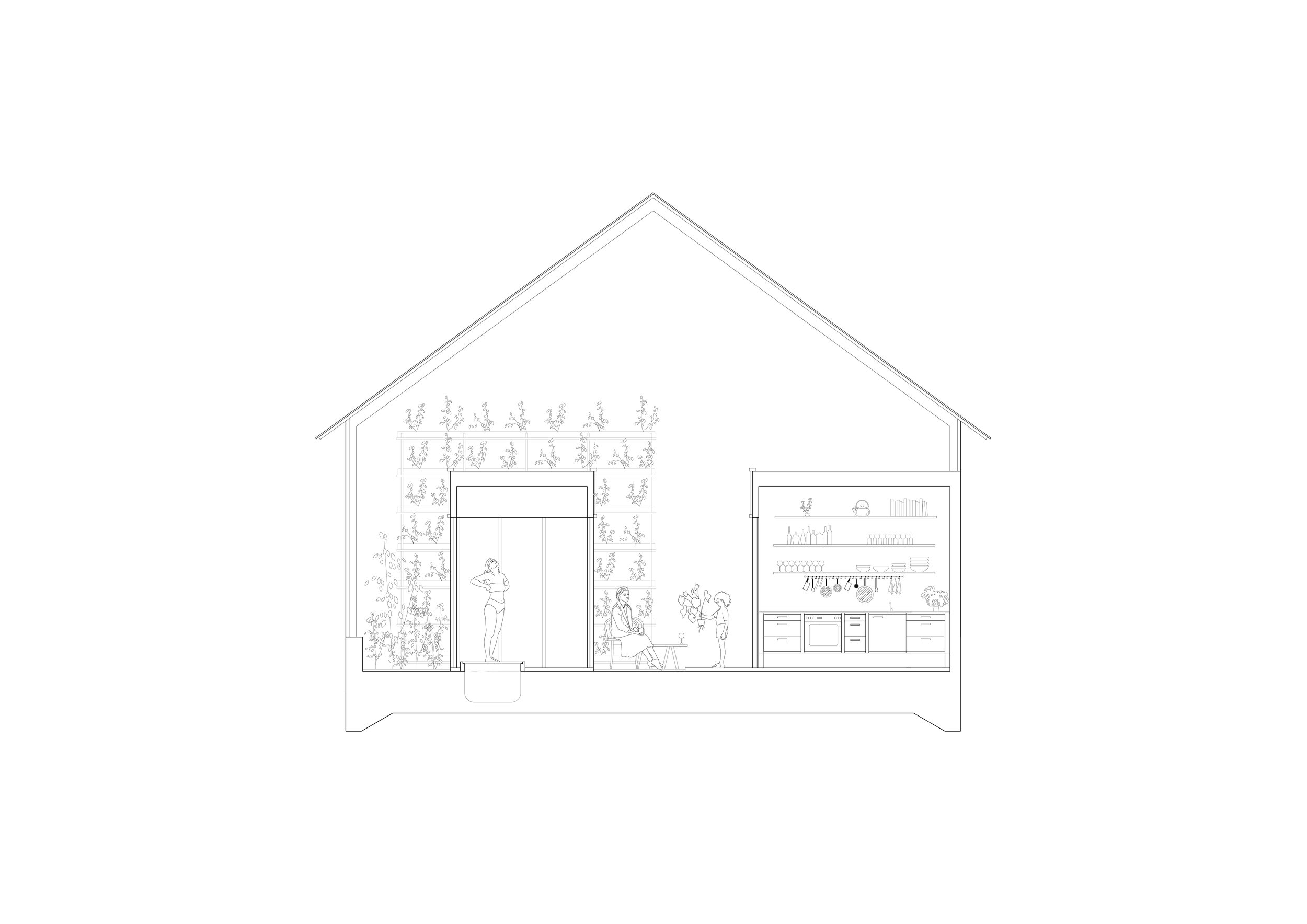 Architectural drawing of a house cross-section showing interior details, including furniture, plants, and people.