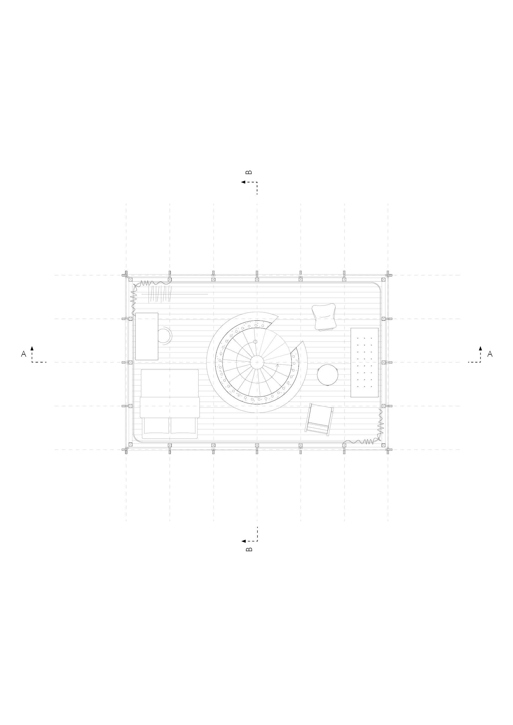 Architectural floor plan of a detailed room layout with various furniture and design elements including a spiral staircase, seating area, and other interior features.