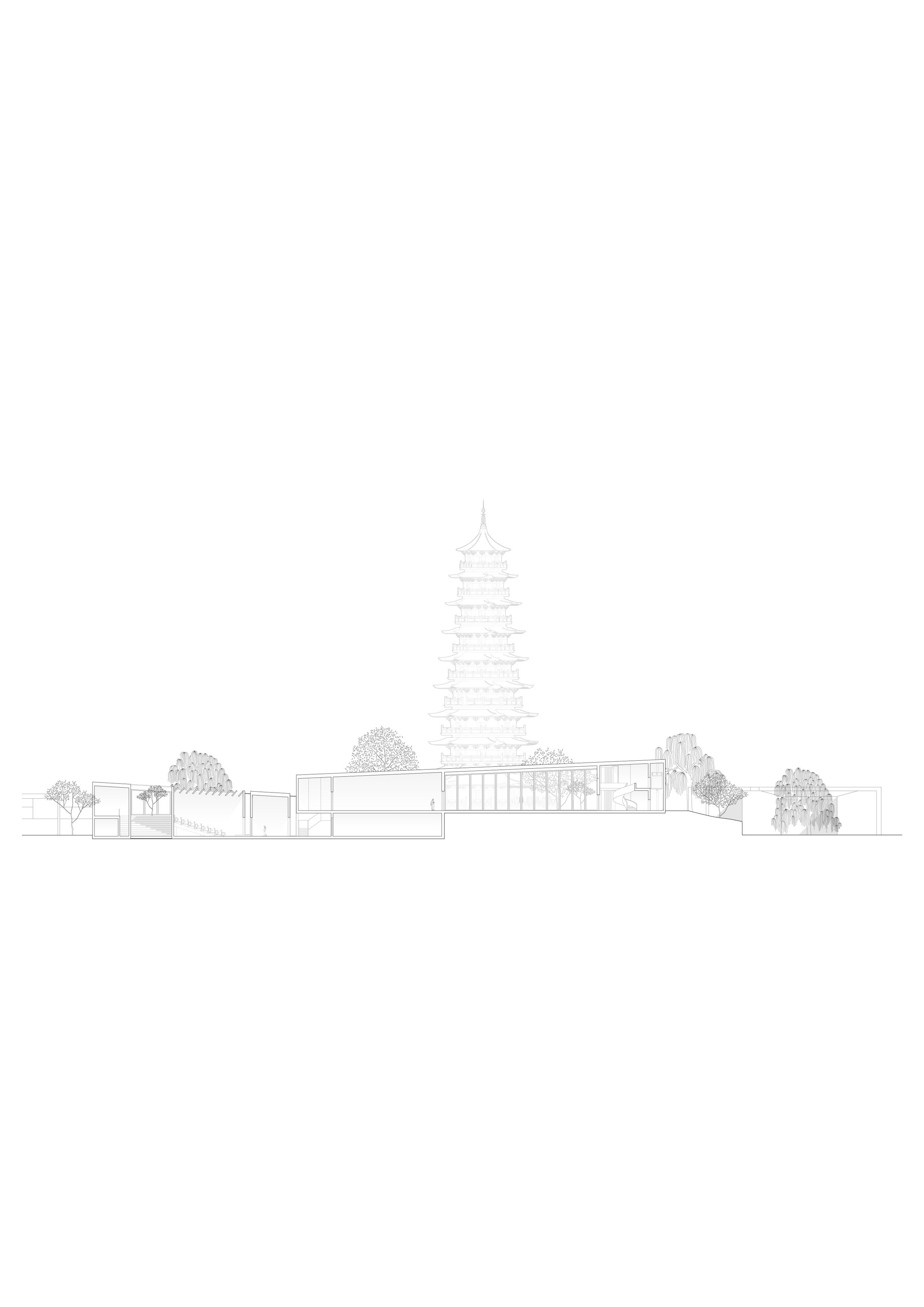 A line drawing of a traditional pagoda surrounded by trees, with a modern building nearby.