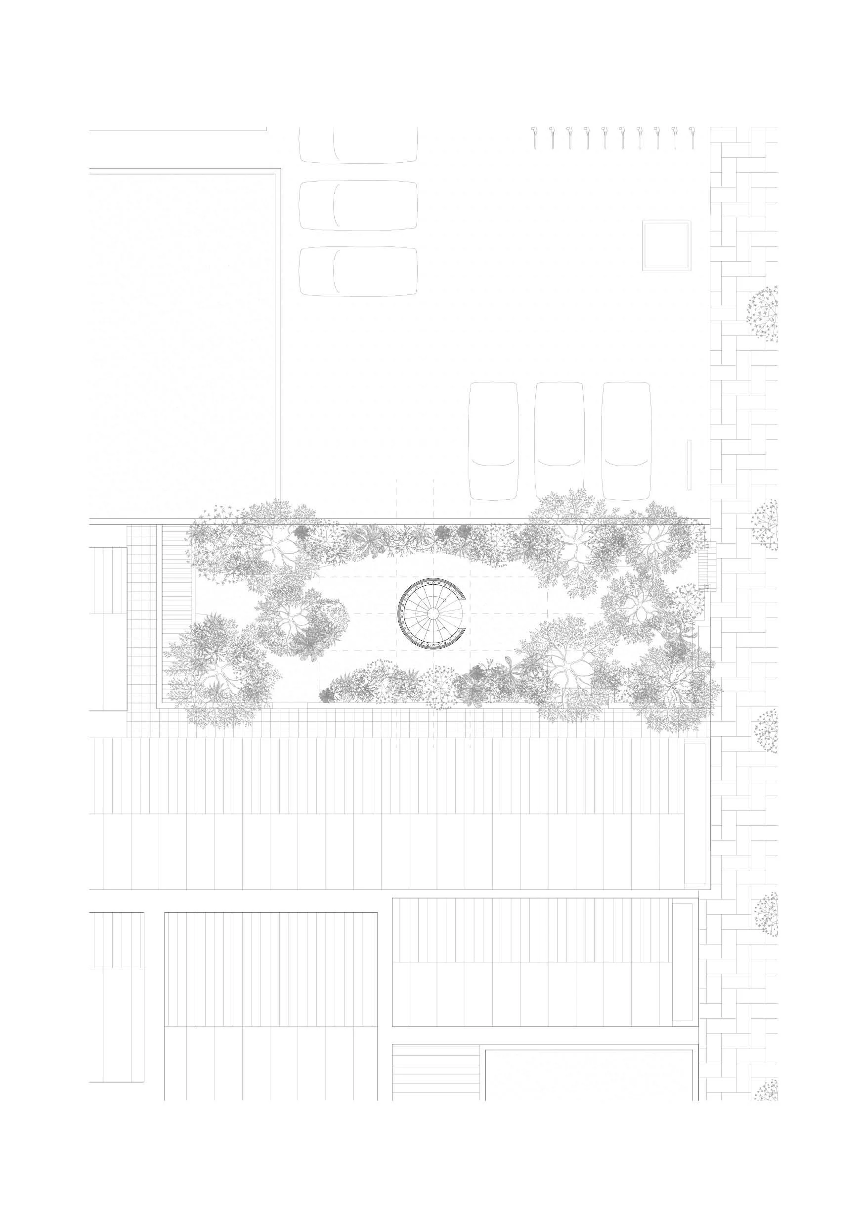 A detailed landscape architecture plan showing a garden with trees, plants, a circular feature, and a patio area.